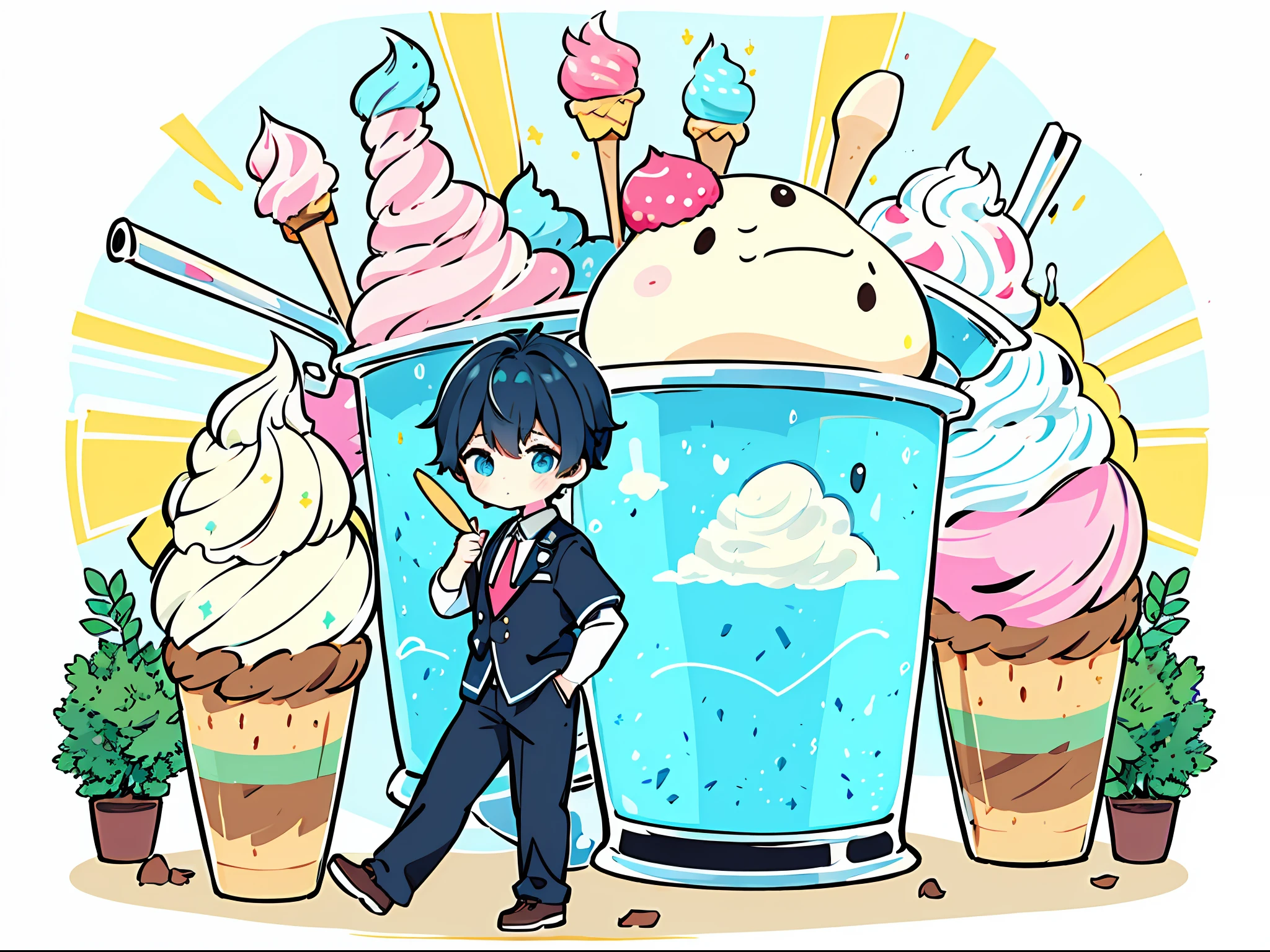 ​masterpiece, handdraw, Pop illustrations, Pop colors, PastelColors, colourfull, 2boy, a high school boy, Chibi, After school,Eat while walking, Triple Scoop Ice Cream , Ice Cream Tower, Sounds like fun,