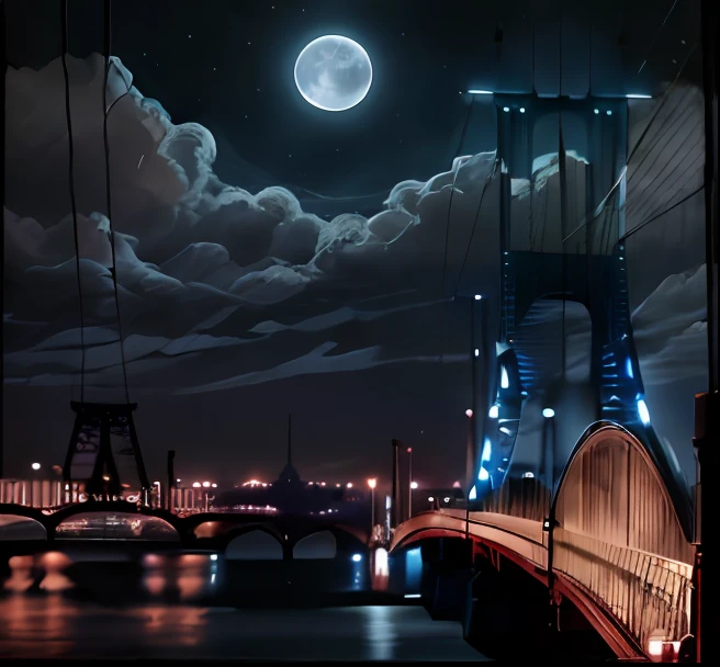 a bridge with moon in the sky.The background is blue and pink with clouds.The bridge is made of three large towers connected by cables and the structure appears to be self anchored ,hyperrealistic,hyperdetailed,masterpiece