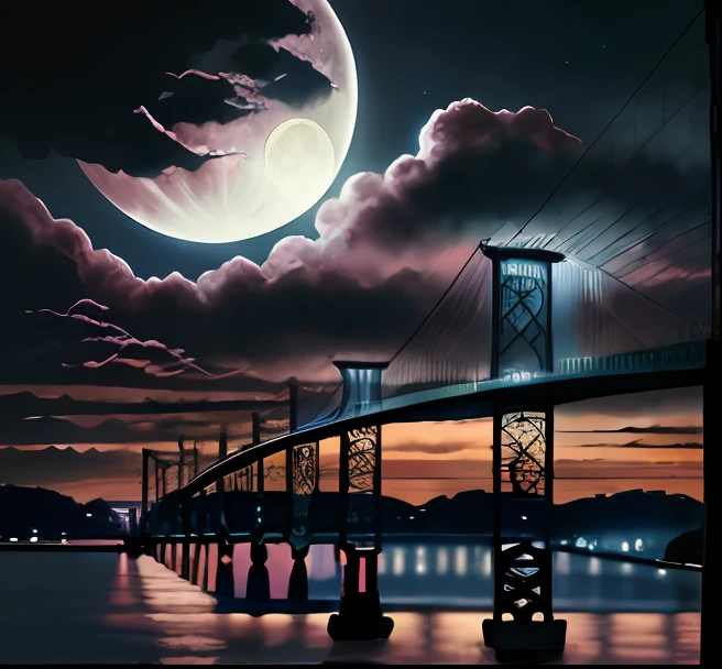 a bridge with moon in the sky.The background is blue and pink with clouds.The bridge is made of three large towers connected by cables and the structure appears to be self anchored ,hyperrealistic,hyperdetailed,masterpiece