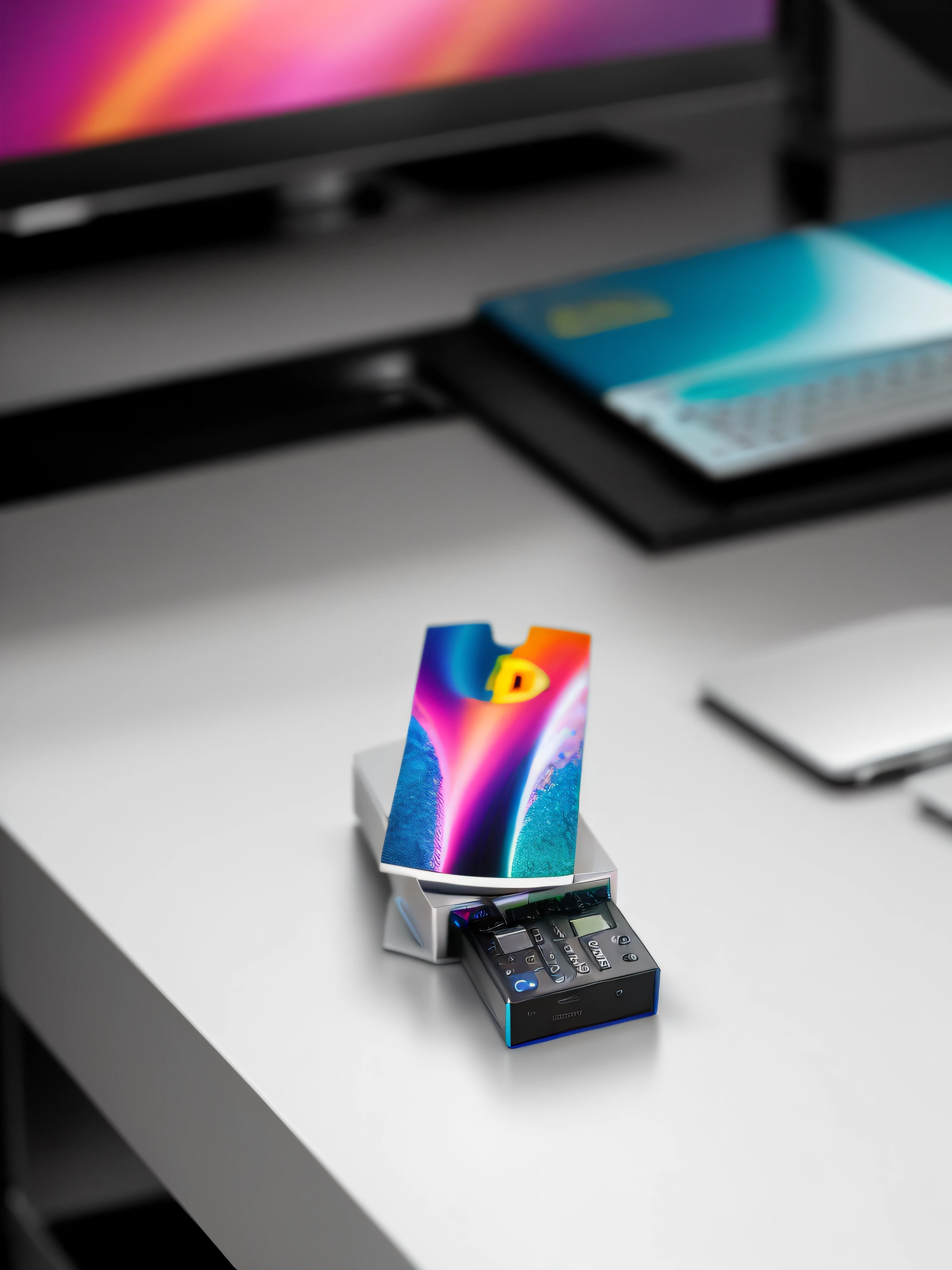 Uma unidade flash repousa sobre uma mesa de porcelana branca em uma sala de computadores. The picture is clear (Sharp: 0.7) and displays a colorful explosion of psychedelic paints (Nuclei: 1.21), With incredible detail. em cima da mesa, Accessories include the Nikon D850 with Kodak Portra 400 and f1 photo film.6 lentes, garantindo cores ricas e textura realista. Lighting is dramatic, and all around you is the computer, teclado e cabo USB.