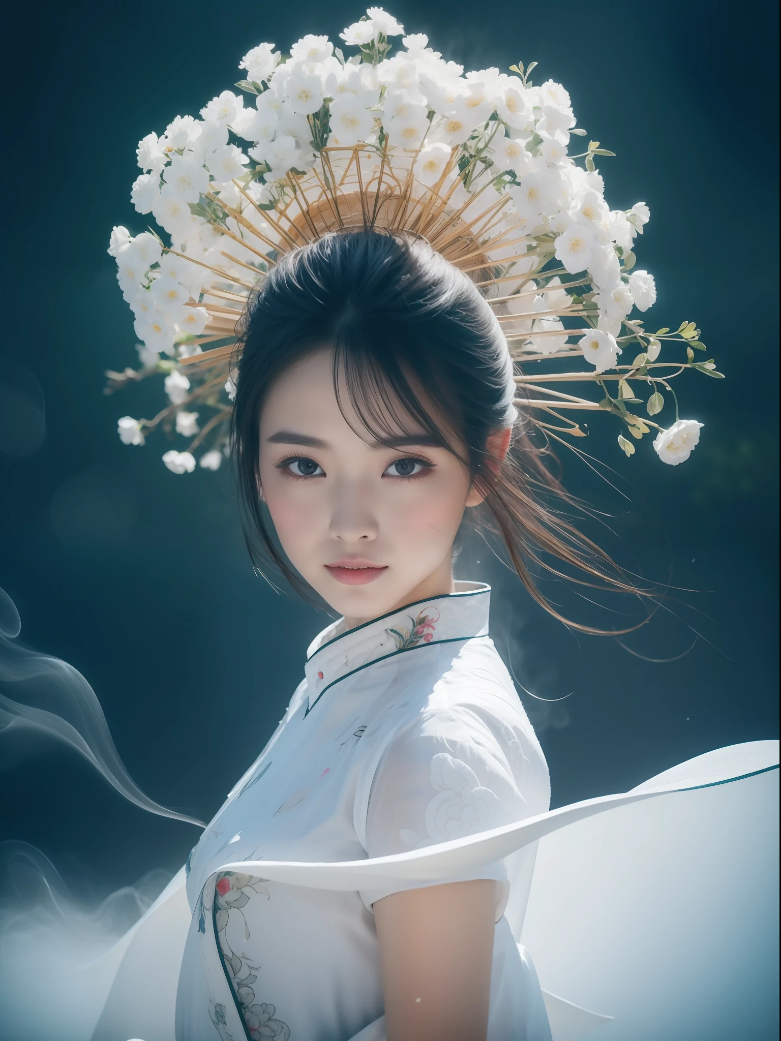 zhongfenghua, 1girl, solo, hanfu, ancient_chinese_architecture, flower field, blossom, (white smoke:1.3) (photorealistic:1.4), zentangle, mandala, entangle, official art, unity 8k wallpaper, ultra detailed, beautiful and aesthetic, masterpiece,best quality, (dynamic angle:1.4), glowing skin, (floating colorful sparkles:1) the most beautiful form of chaos, elegant, a brutalist designed, vivid colours, romanticism depth of field exotic_dance