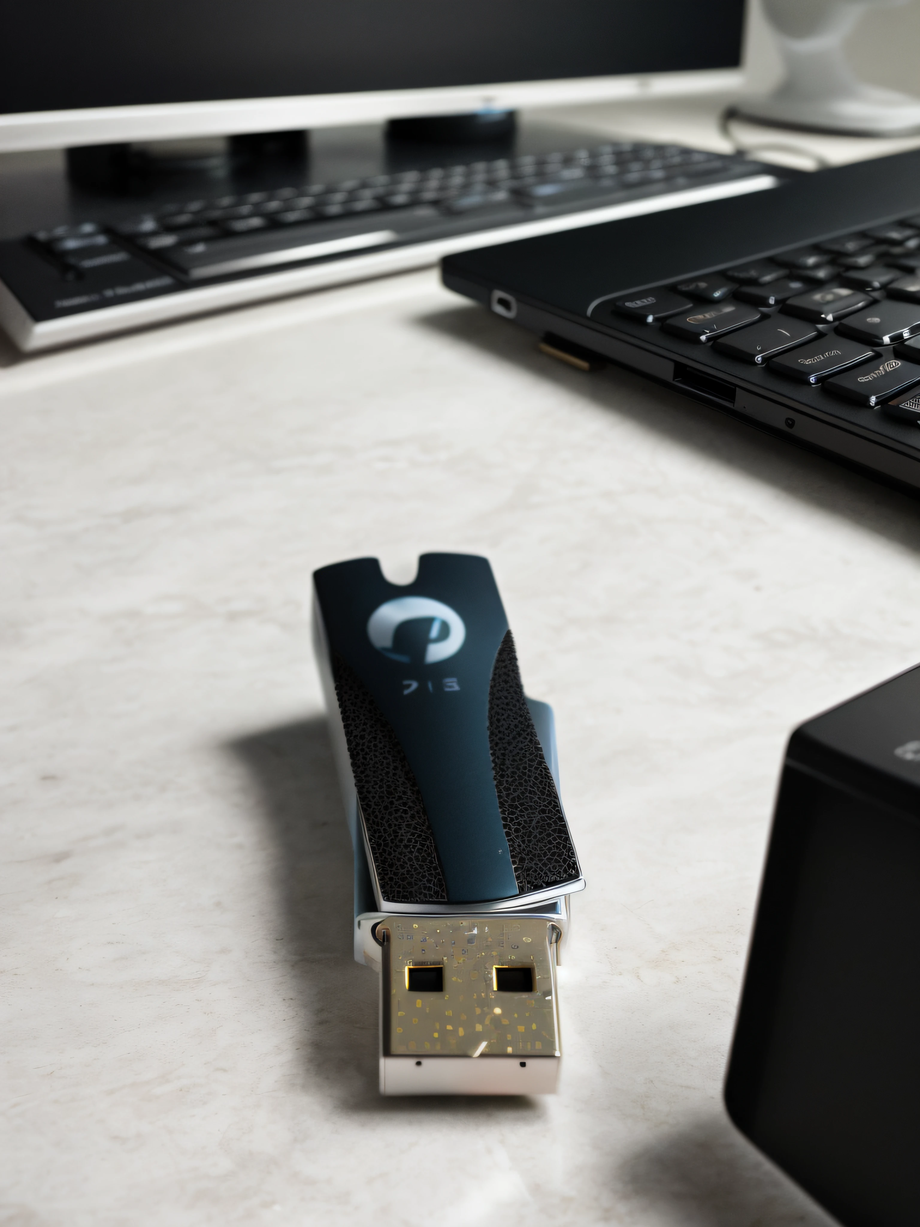 A flash drive rests on a white porcelain table in a computer room. The frame is clear (sharp: 0.7) and displays a colorful explosion of psychedelic paints (cores: 1.21), with incredible detail. on the table, Accessories include the Nikon D850 with Kodak Portra 400 photographic film and f1.6 lenses, ensuring rich colors and realistic texture. The lighting is dramatic, and all around you is your computer, keyboard, and USB cable.