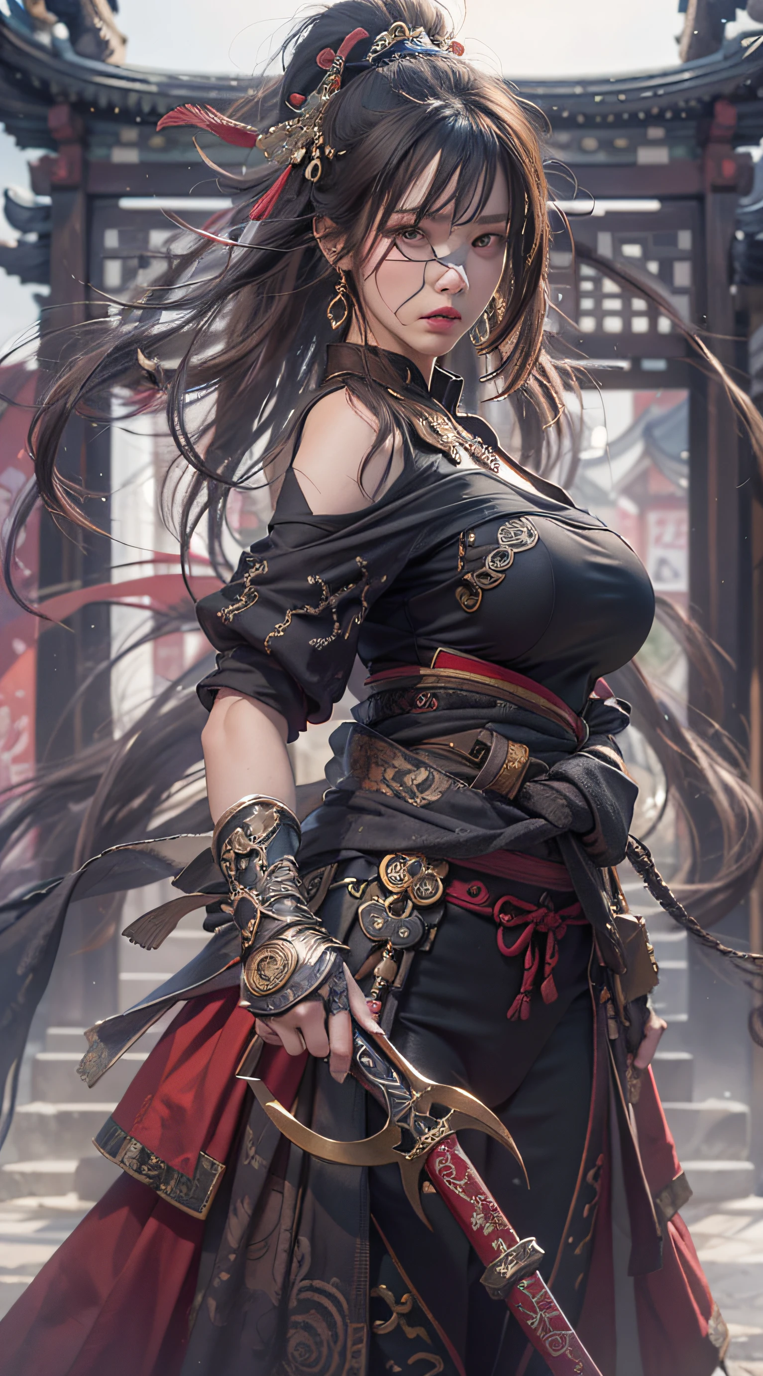 Best quality,masterpiece,ultra high res,(photorealistic:1.4),xiuxian,weapon,Detailed face, 1girl,solo,weapon,cleavage,(magic circle:1.2),xiuxian,upper body,Beautiful girl,full body,huge breasts,east asian architecture,sheath,architecture,