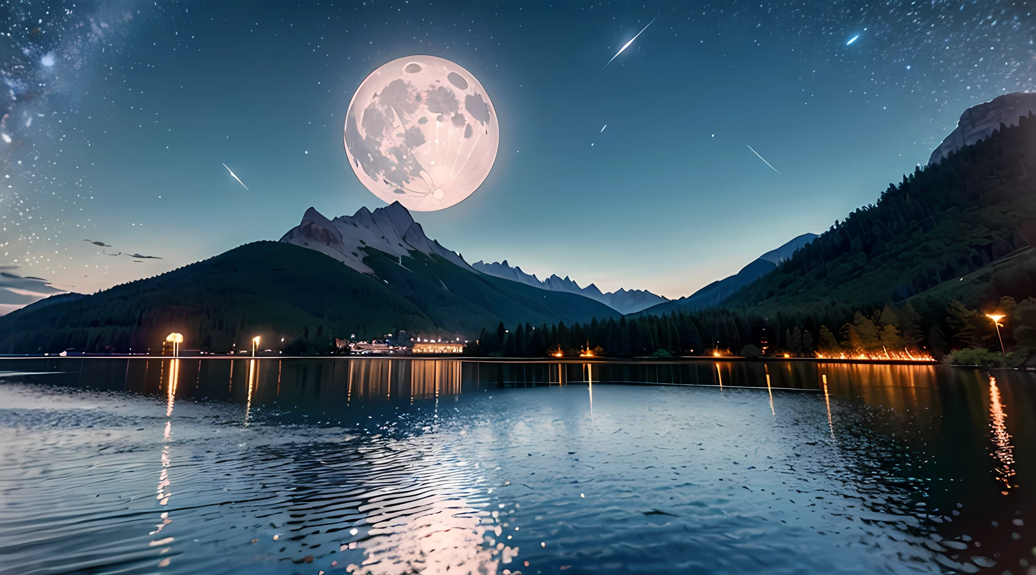 Very starry night. A giant moon behind the mountains. A tranquil lake reflecting the night. Realistic scene, detailed, photorealism, 8k
