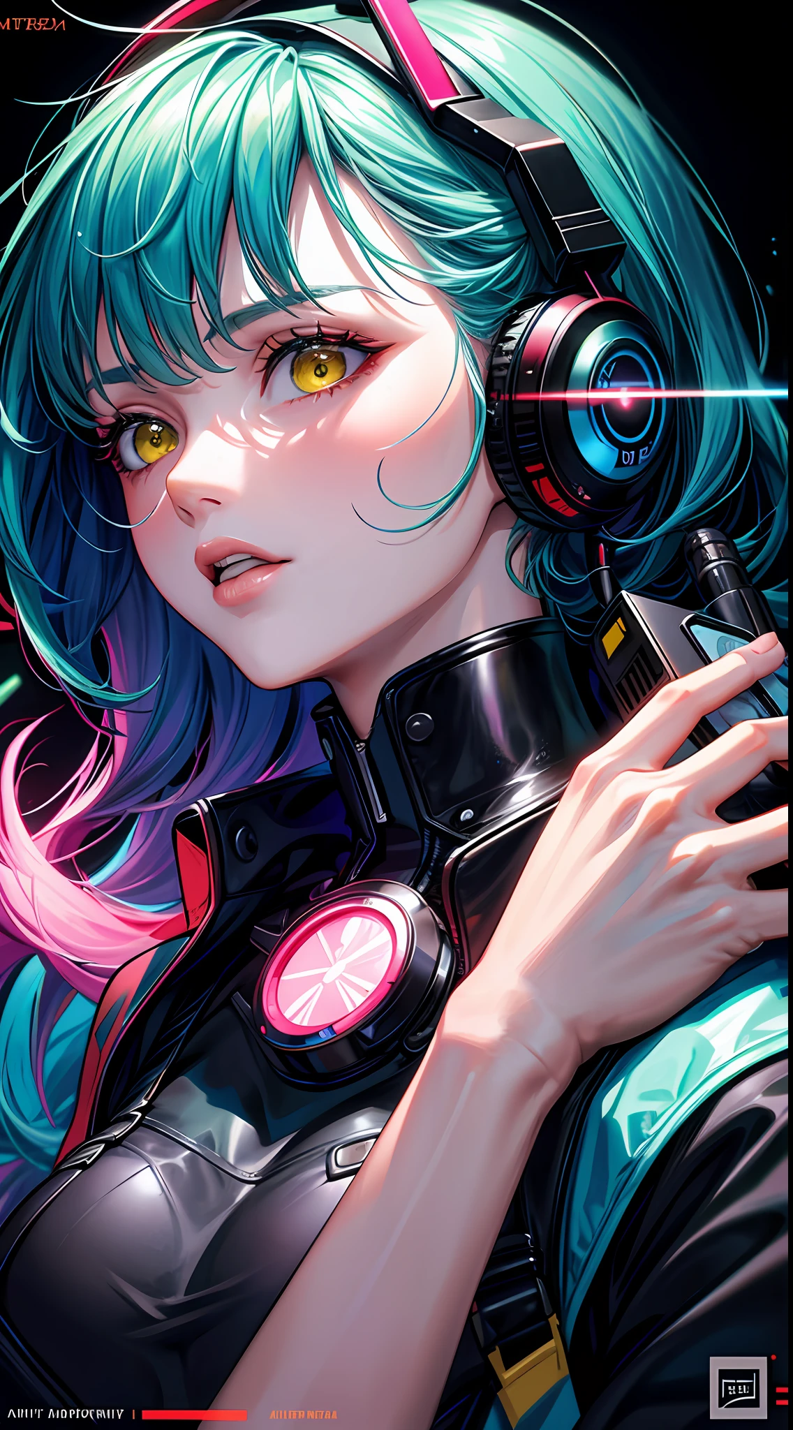 Masterpiece, highest quality, realistic, subsurface scattering, chromatic lighting, colorized, red + yellow + green + blue limited color palette, detailed concept drawing, line-art, illustration, cyberpunk, 18yo 1girl, tenacious, augmented reality gloves, energy whip, cybernetic implants, urban sprawl, neon-lit alleyways, hacktivist group, perpetual drizzle, (CLOSE UP)