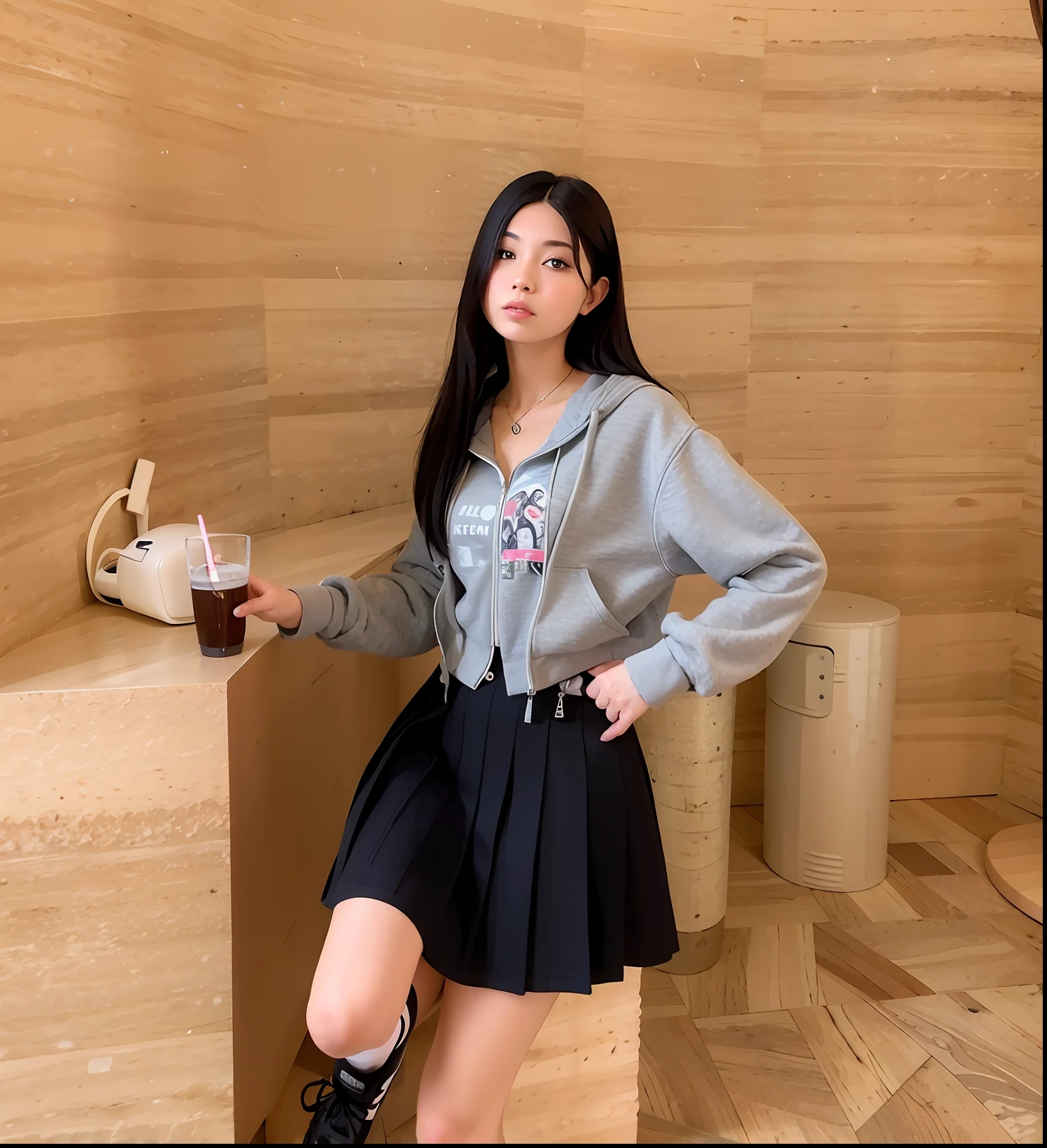 Arad woman posing for photo in skirt and hoodie, wearing jacket and skirt, cropped shirt with jacket, 8K)), 2263539546], shaxi, Cute casual streetwear, Middle metaverse, sakimichan, 2 d cg, e - girl, E-Girl, personal profile picture