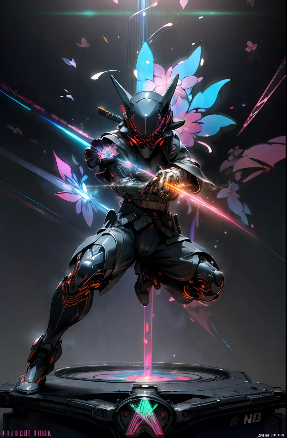 (Flower hologram:1.6)、helmets、gas masks、(Neon liquid:1.2)、(neon wiring:1.2)、(Samurai costume:1.2)、(Dynamic Posing:1.3)、Irridescent color、cyberpunked、100,000 people、Mechanical Marvel、droid。