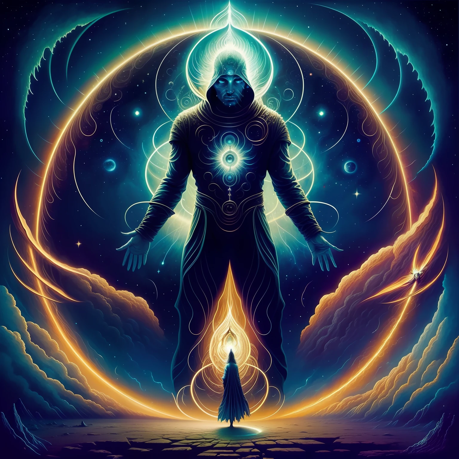 a painting of a person standing in front of a star filled sky, cosmic entity, beksisnski, portal to the ethereal realm, astral projection, ascension, portrait of a cosmic entity, astral appearance, emanating with blue aura, astral travel, portal 3, an interdimensional being, transcendent, cosmic enlightenment, wojtek beksinski macmanus