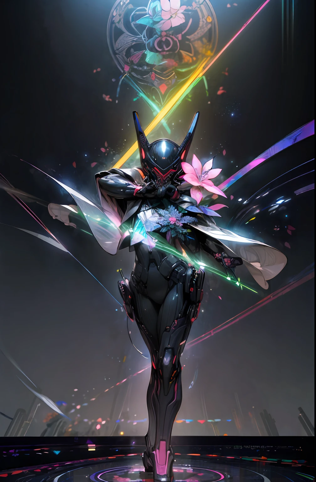 (Flower hologram:1.6)、helmets、gas masks、(Neon liquid:1.2)、(neon wiring:1.2)、(Samurai costume:1.2)、(Dynamic Posing:1.3)、Irridescent color、cyberpunked、100,000 people、Mechanical Marvel、droid。