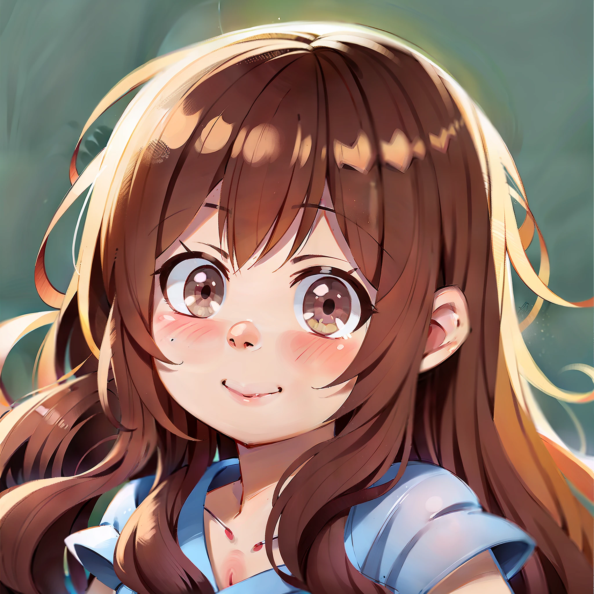 cute anime , portrait from chest up, closed lip smile, rosy cheeks, big bright shiny eyes, slightly wavy hair, 4 years oldting, simple background, high resolution