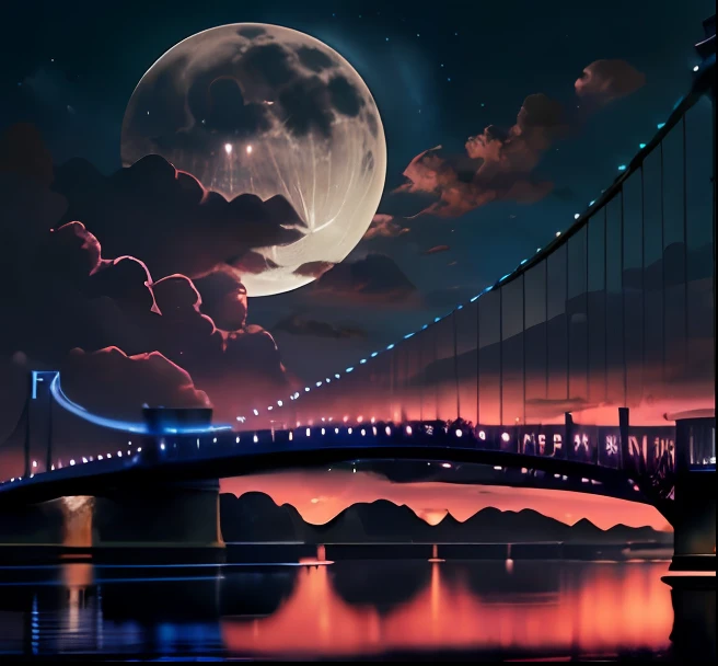 a bridge with moon in the sky.The background is blue and pink with clouds.The bridge is made of three large towers connected by cables and the structure appears to be self anchored ,hyperrealistic,hyperdetailed,masterpiece