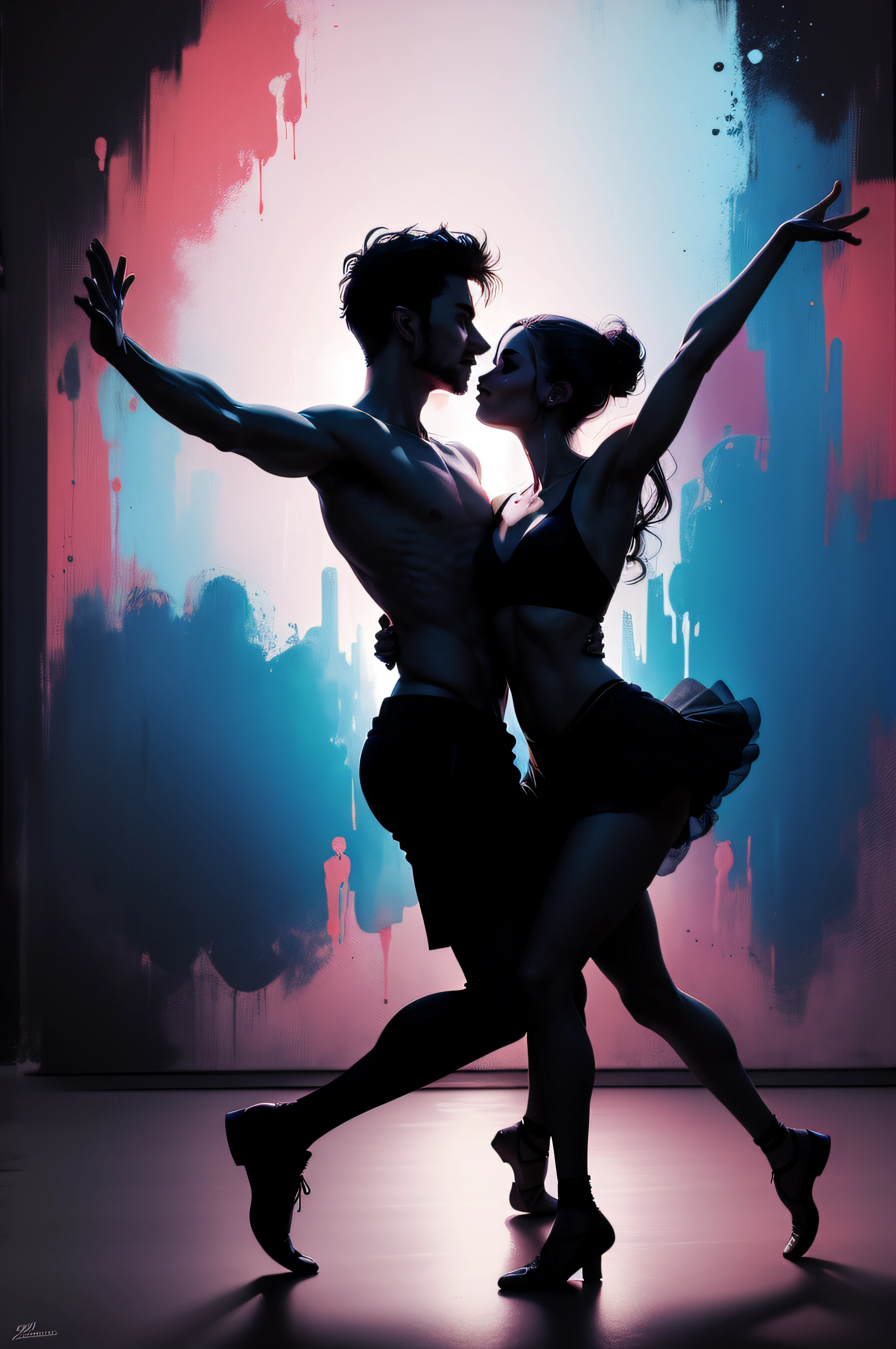 Couple dancers, Dance fitness, Super abstract painting, Dancing in the dark, Bright