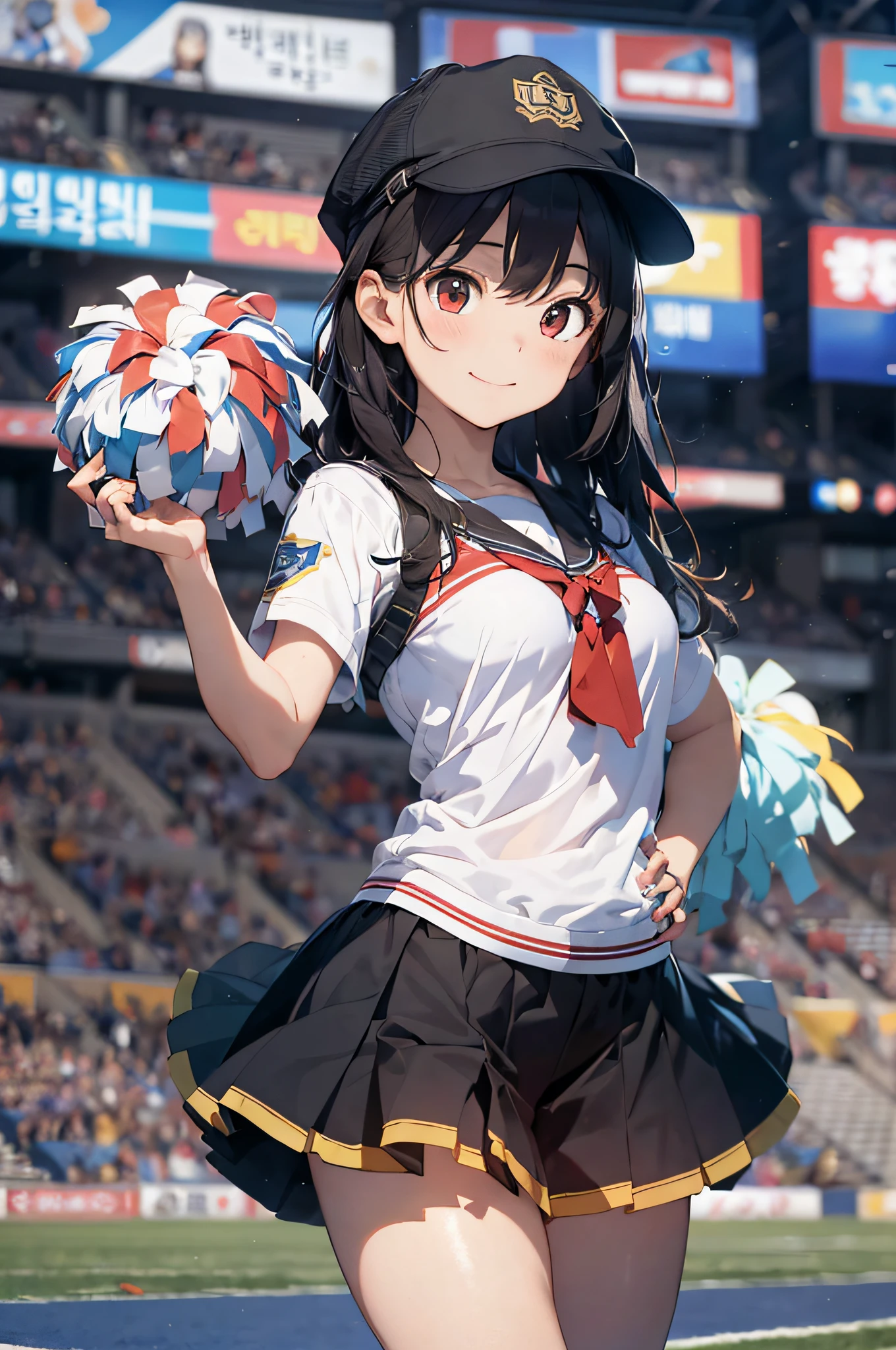 Asian cheerleaders dancing with big pom-poms in stadium stands、a closeup、tiny chest、Raw photography, top-quality, hight resolution, (masterpiece), (Photorealsitic:1.4), professional photograpy, foco nítido, nffsw, 8K分辨率, intricate detailes, depth of fields, the Extremely Detailed CG Unity 8K Wallpapers, front lit, girl with, A smile、A slender、Korean style uniform、Peeking from below、(skinny thigh)、Wear a hat on your head、