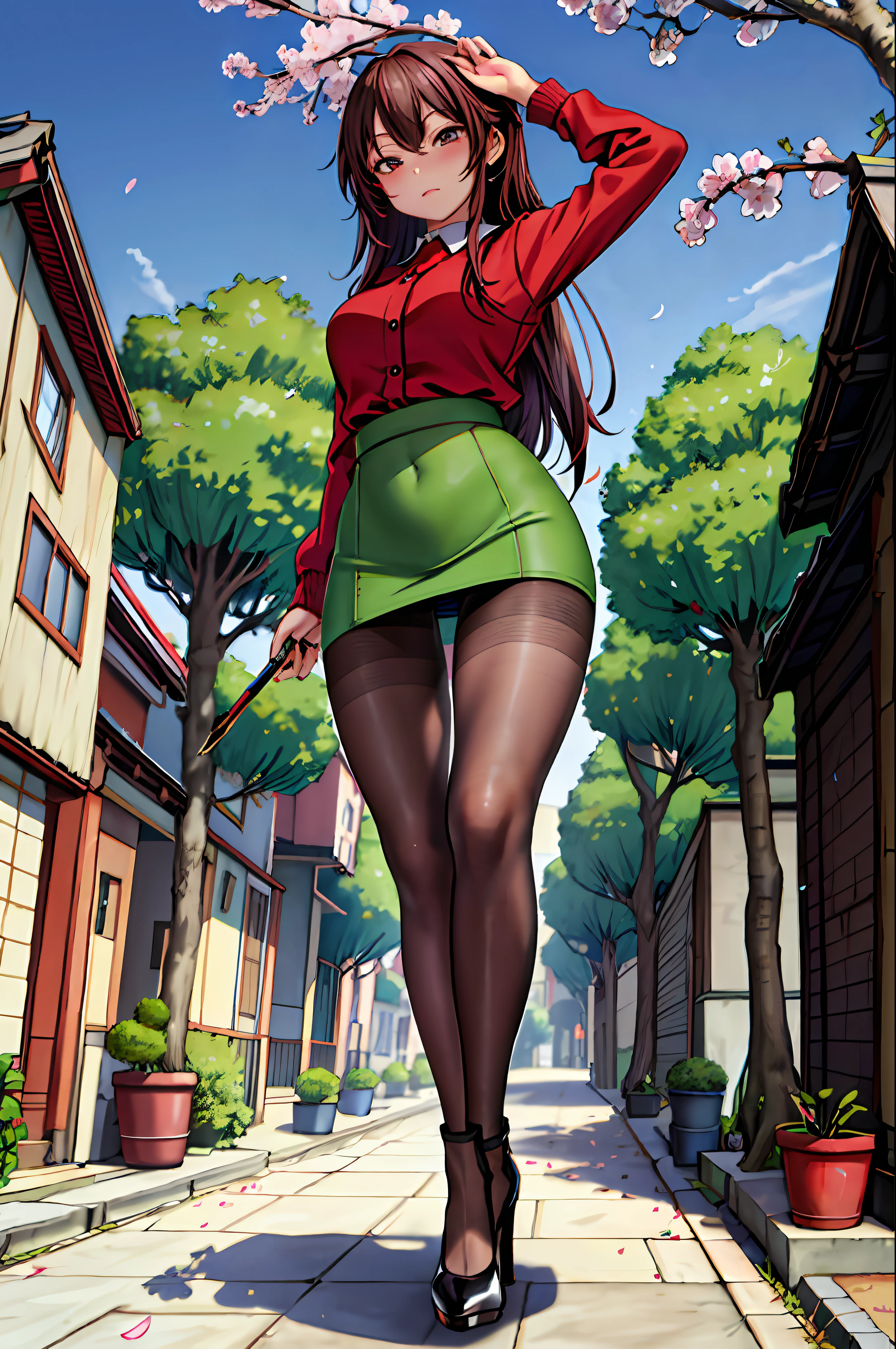 tmasterpiece,Need,8K,Girl,s girl,Plum eyes,brown pubic fur,bobo head,Envy face,Shine,middlebreast,Exquisite facial features,The expression of squinting,Beautiful leg line:1.3,thick thight,Big breasts Thin waist,校服,High socks,tiese,((pencil skirts)), red high heel pumps, lacepantyhose,, pathway_stilt_with_full bloom_cherry_Blossom_Green trees,,view the viewer,From below,full bodyesbian, legsupms,