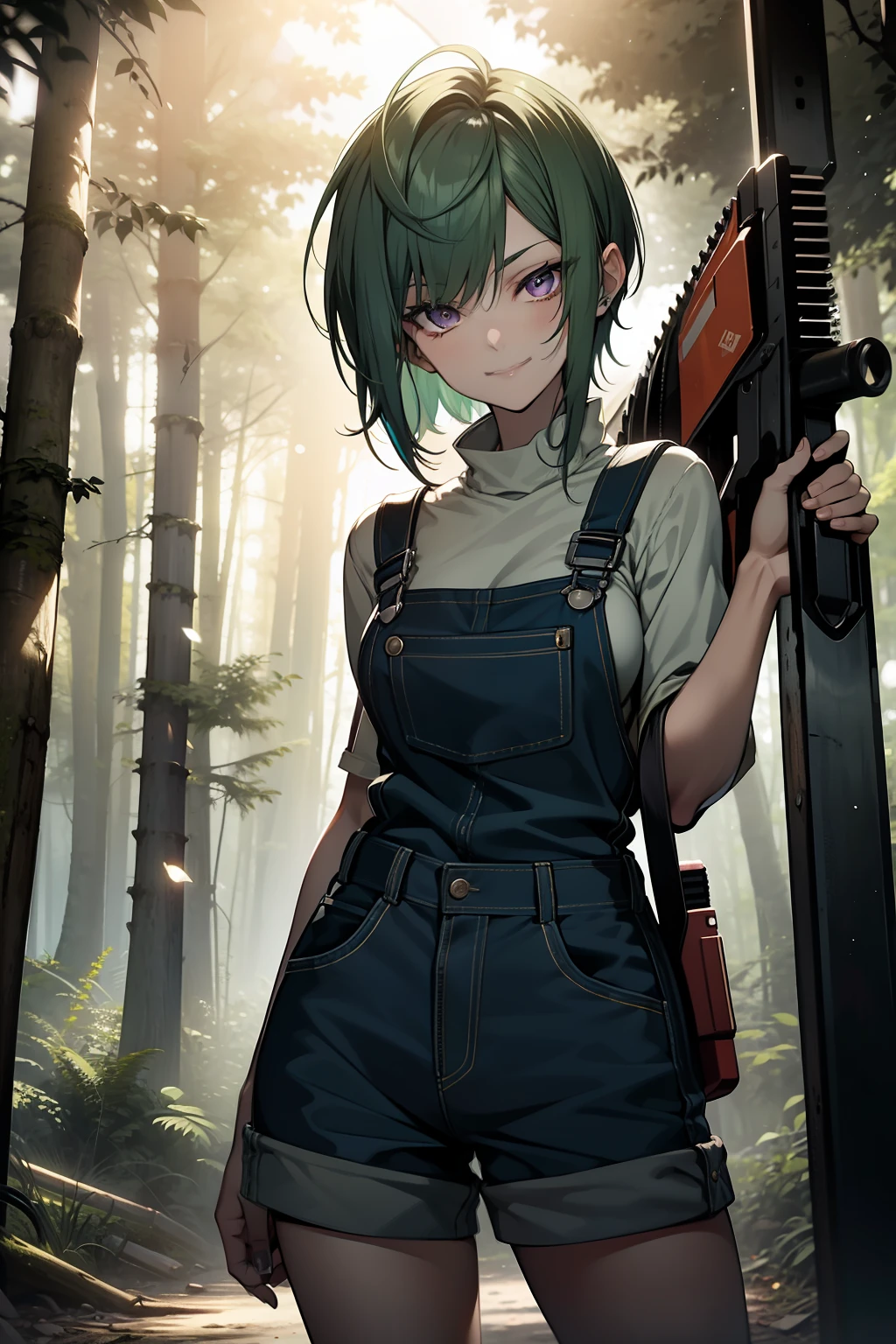 girl, 17 years old, ligh green hair, short haircut, purple eyes, short overalls, half naked, sexy outfit, sensual, in dark forest, holding chainsaw, Looking at viewer, sinister sensual smiling, stepping out of clothes
