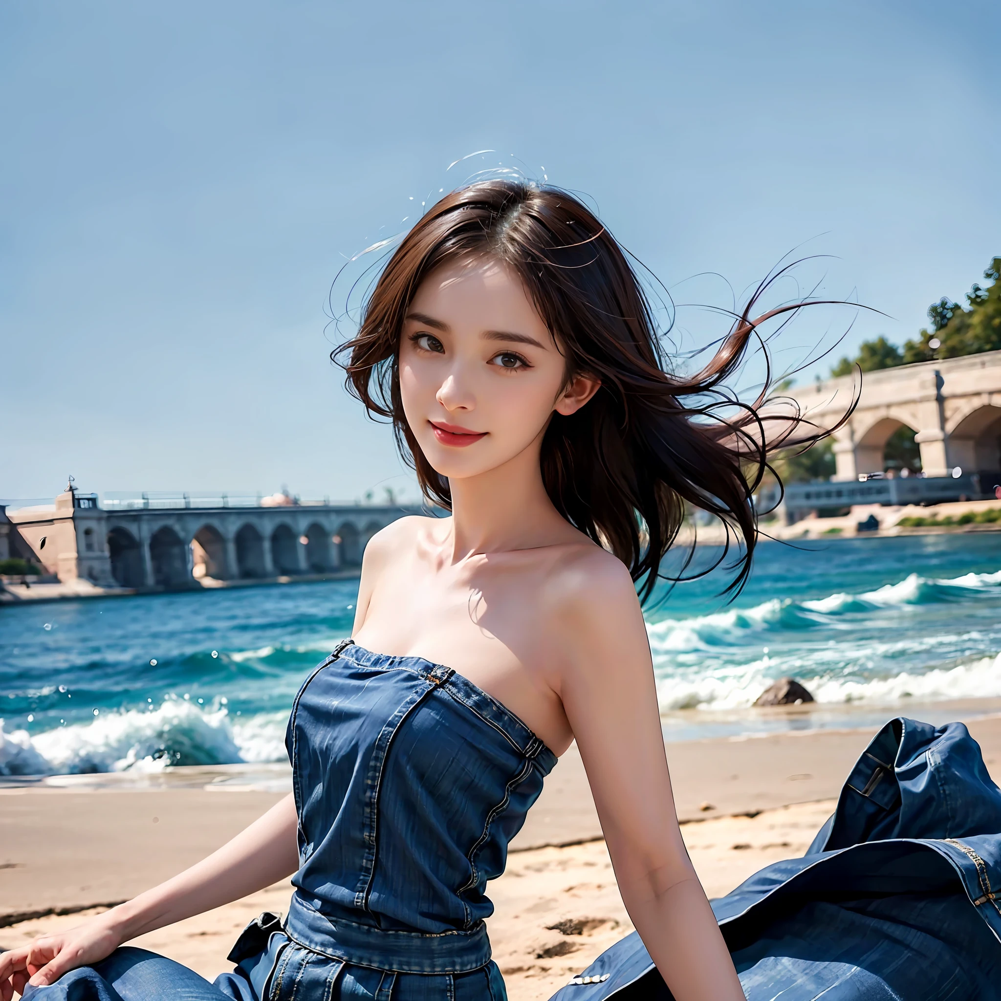 (Best quality, masterpiece,RAW photo:1.2),finely detailed,(Realistic, photorealistic:1.2),1girl,Summer fashion clothing,upper body,Bare shoulders, fair skin,smile,looking at the viewer,outdoors,simple background,Studio lighting