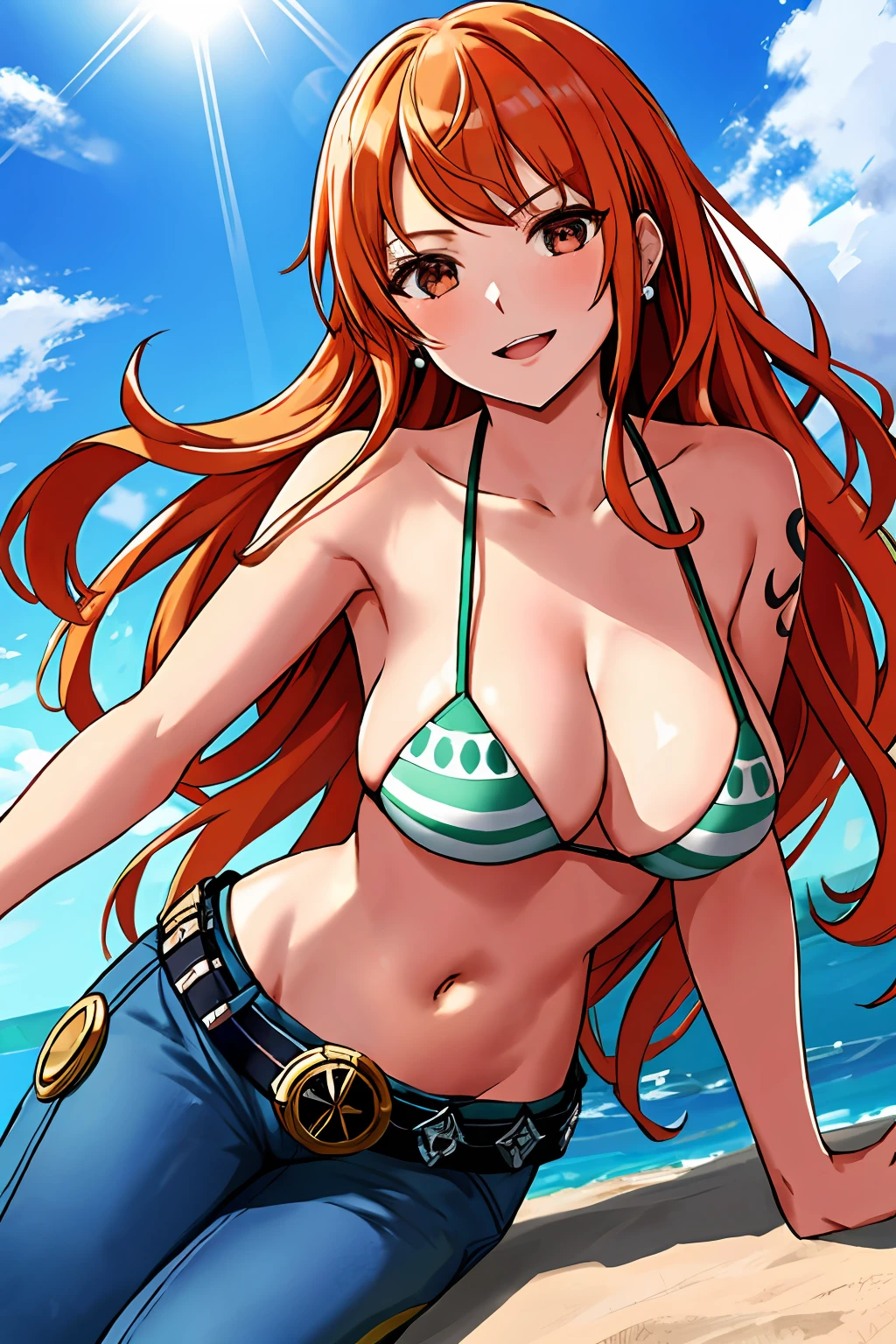 detailed background, masterpiece, 4k, epic, best quality, late youth, adult, milf, athlete body, 1girl, active, energic, ((wide open mouth, smile, lying on the ground, fully lying down, open eyes, hands spread sideway)) , solo, nami \(one piece\), 1girl, bangle, (very missy hair, tired, open mouth, feeling hot, tilting head, both hands spreadeagled, serious, hurt, glaring, open eyes, looking up, perfect detailed face, round face) bold drawing lines, muscular arms, detailed bold arm lines, flat jaw, adult woman, (wavy wide streaked bangs, floating bang, long left bangs ) (big cheeks), bare shoulders, off-shoulders, belt, bikini, bikini top only, blue sky, bracelet, springy breasts, breast lines, big round eyes, very big brown shiny eyes, bubbles, high eye position, cleavage, cloud, day, denim, earrings, floating hair, wavy hair, shiny hair, green belt, green bikini, bold groin lines, long jeans, jewelry, medium breasts, log pose, long hair, looking at viewer, long navel, wet hair, orange hair, pants, shoulder tattoo, sidelocks, sky, solo, stomach, swimsuit, tattoo, detailed left arm, big forehead, hourglass figure, small head, toned body, wide hair, wind effect, sun effect, under the sun, narrow small ears angle, older, straight shot,