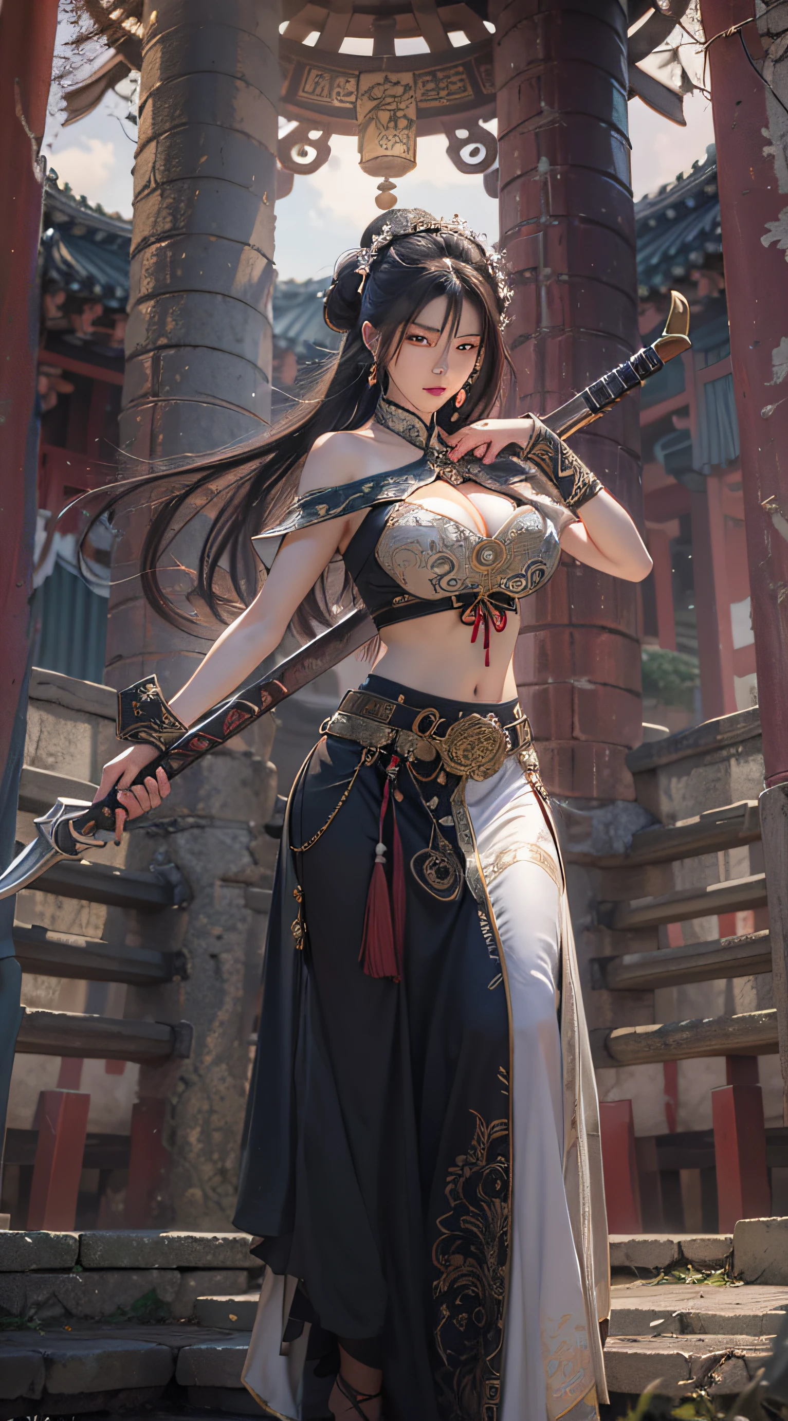 Best quality,masterpiece,ultra high res,(photorealistic:1.4),xiuxian,weapon,Detailed face, 1girl,solo,weapon,cleavage,(magic circle:1.2),xiuxian,upper body,Beautiful girl,full body,huge breasts,east asian architecture,sheath,architecture,