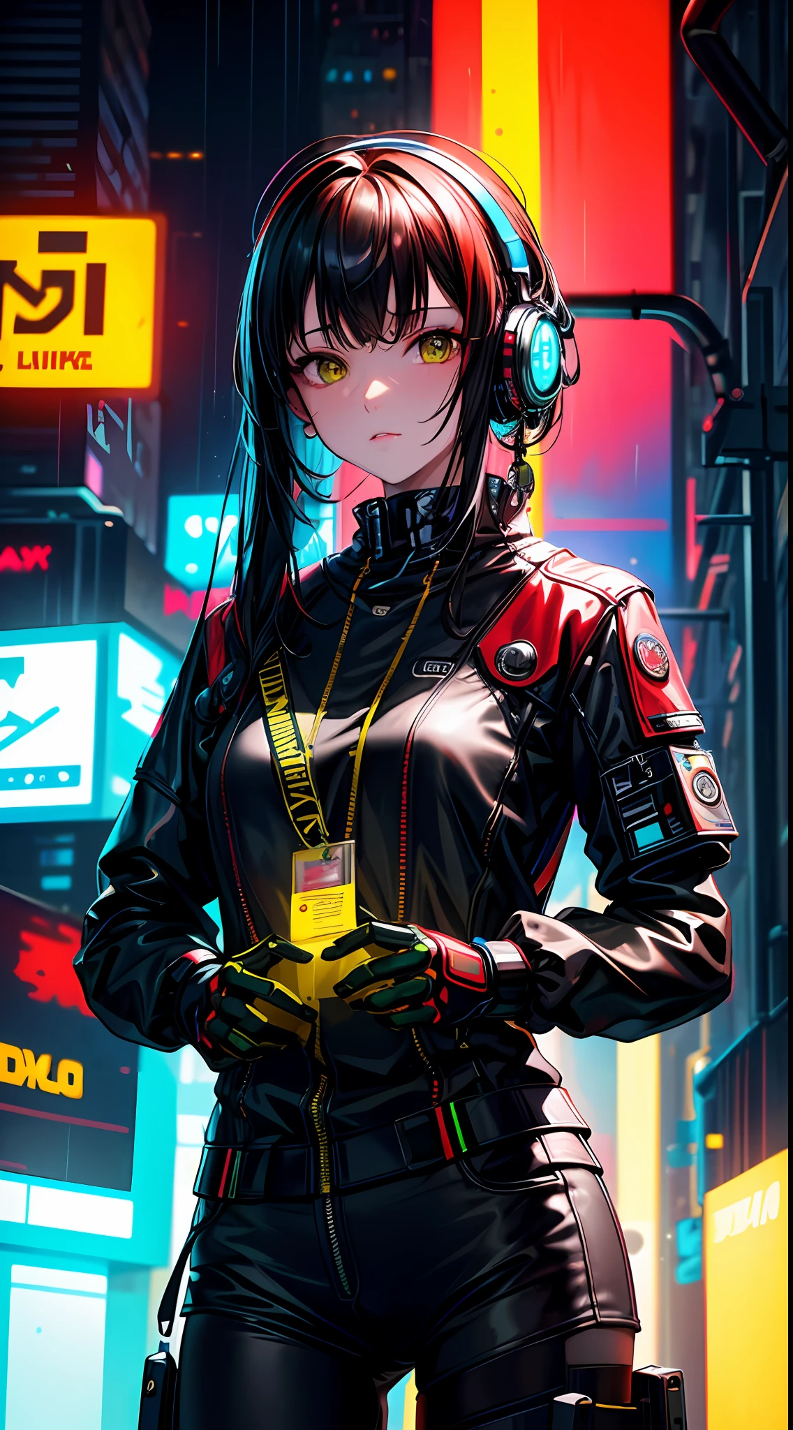 Masterpiece, highest quality, realistic, subsurface scattering, chromatic lighting, colorized, red + yellow + green + blue limited color palette, detailed concept drawing, line-art, illustration, cyberpunk, 18yo 1girl, fearless, robotic companion, urban armor, cybernetic enhancements, rainy neon streets, hidden resistance, neon umbrellas, coded messages, (CLOSE UP)
