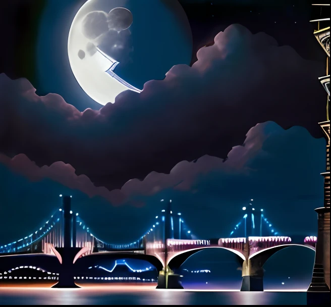 a bridge with moon in the sky.The background is blue and pink with clouds.The bridge is made of three large towers connected by cables and the structure appears to be self anchored ,hyperrealistic,hyperdetailed,masterpiece