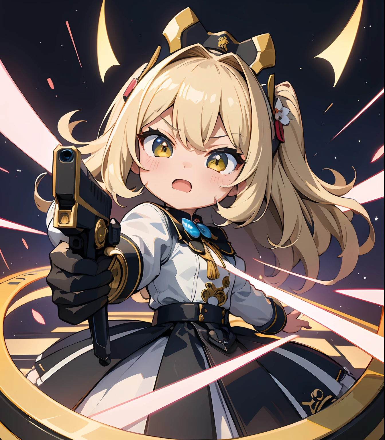 (​masterpiece、top-quality、ultra-detailliert、Best Shadows)、细致背景、a sticker、hight resolution、ultra-detailliert、((a revolver))、(1 Chibi character)、Beautiful hair、kawaii faces、A detailed eye、Licory Recoil、Chisato、livestream、Charisma Idol Pose、Detailed hand、perfect hand、intricate detailes