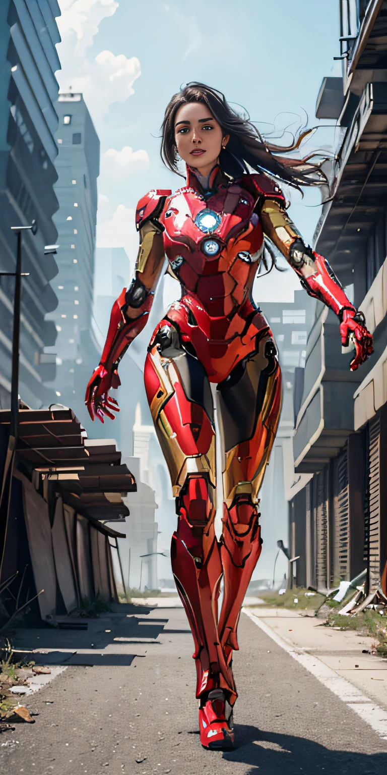RAW, Masterpiece, Ultra Fine Photo,, Best Quality, Ultra High Resolution, Photorealistic, Sunlight, Full Body Portrait, Stunningly Beautiful,, Dynamic Poses, Delicate Face, Vibrant Eyes, (Side View) , she is wearing a futuristic Iron Man mech, red and gold color scheme, highly detailed abandoned warehouse background, detailed face, detailed and complex busy background, messy, gorgeous, milky white, high detailed skin, realistic skin details, visible pores , sharp focus, volumetric fog, 8k uhd, dslr camera, high quality, film grain, fair skin, photorealism, lomography, sprawling metropolis in futuristic dystopia, view from below, translucent