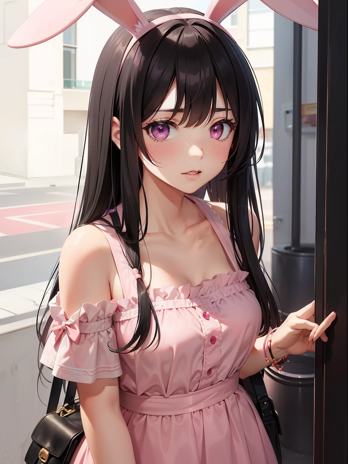 a women, pink bunny ears, black hair, pink eyes, pink dress