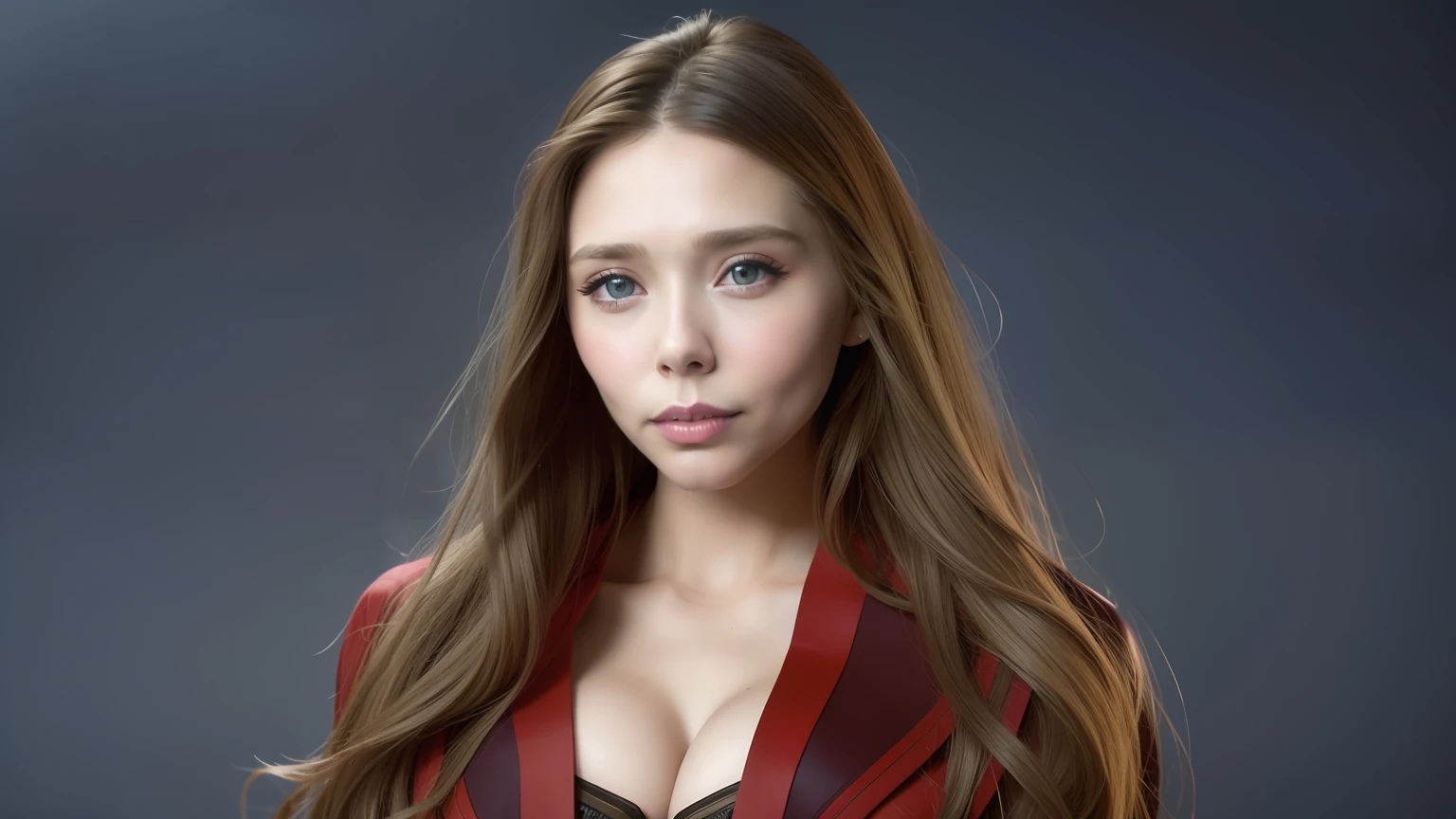 best quality, Elizabeth Olsen, 1girl, solo, long hair, breasts, looking at viewer, smile, brown hair, black hair, cleavage, upper body, multicolored hair, lips, realistic
