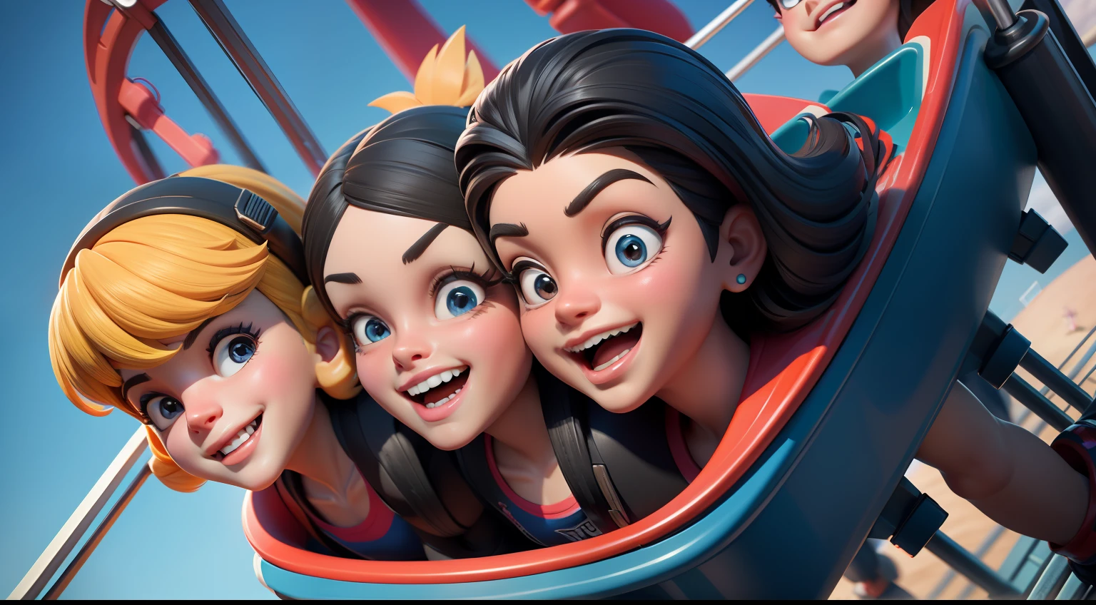 Game flyer,multiple persons,A bunch of people ride a roller coaster in the playground,Close-up,There is a sense of lens,Visual focus,gleeful,Close-up of the faces of the characters,3D render characters,8k,Cartoon illustration style,Fashionab,playground,natta,fire works