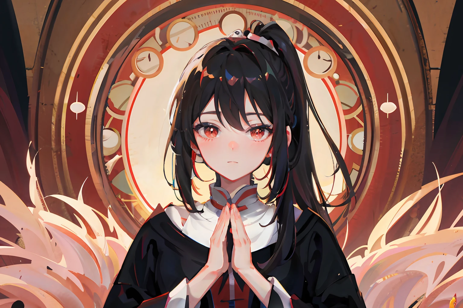 Anime girl with long hair and red eyes, Put hands together andpray，Hair fluttering in the wind anime style 4 K, Best anime 4k konachan wallpaper, Anime moe art style, black-haired mage, anime visual of a cute girl, Anime art wallpaper 8 K, Detailed digital anime art, Anime art wallpaper 4 K, Anime art wallpaper 4k, Digital anime illustration