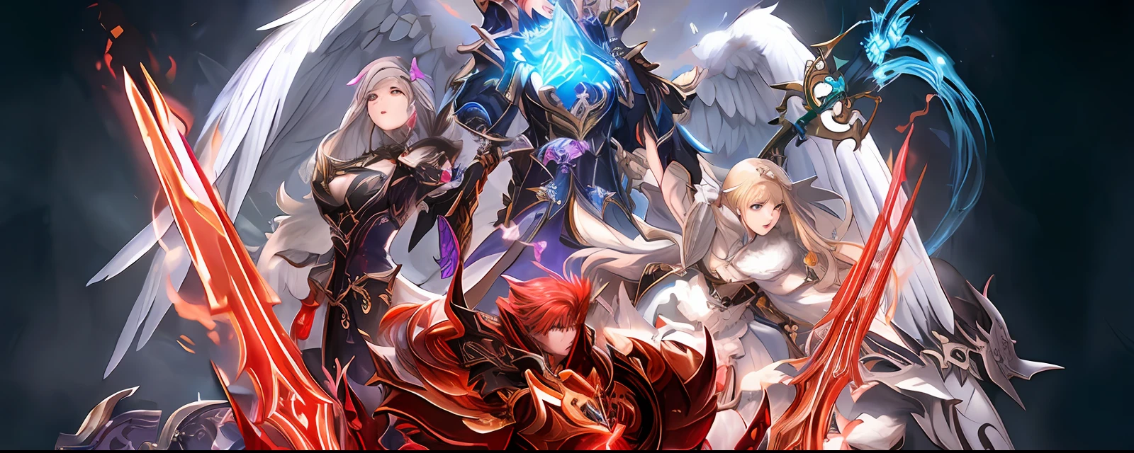 um close up de um grupo de pessoas com asas e espadas, Aion, MMORPG Fantasia, Estilo Lineage 2 Revolution, MMORPG, amazing mmorpg, legend of the cryptids, MMORPG coreano, angels and demons, por Yang J, <Cena MMORPGS, da linhagem 2, MMO coreano, MMO de fantasia, arcanjo, angels vs demons, Shadowverse