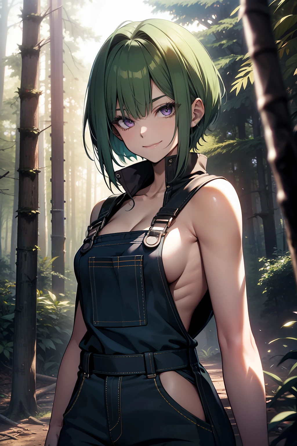 girl, 17 years old, ligh green hair, short haircut, purple eyes, only short overalls,, half naked, sexy outfit, sensual, in dark forest, holding chainsaw, Looking at viewer, sinister sensual smiling, stepping out of clothes