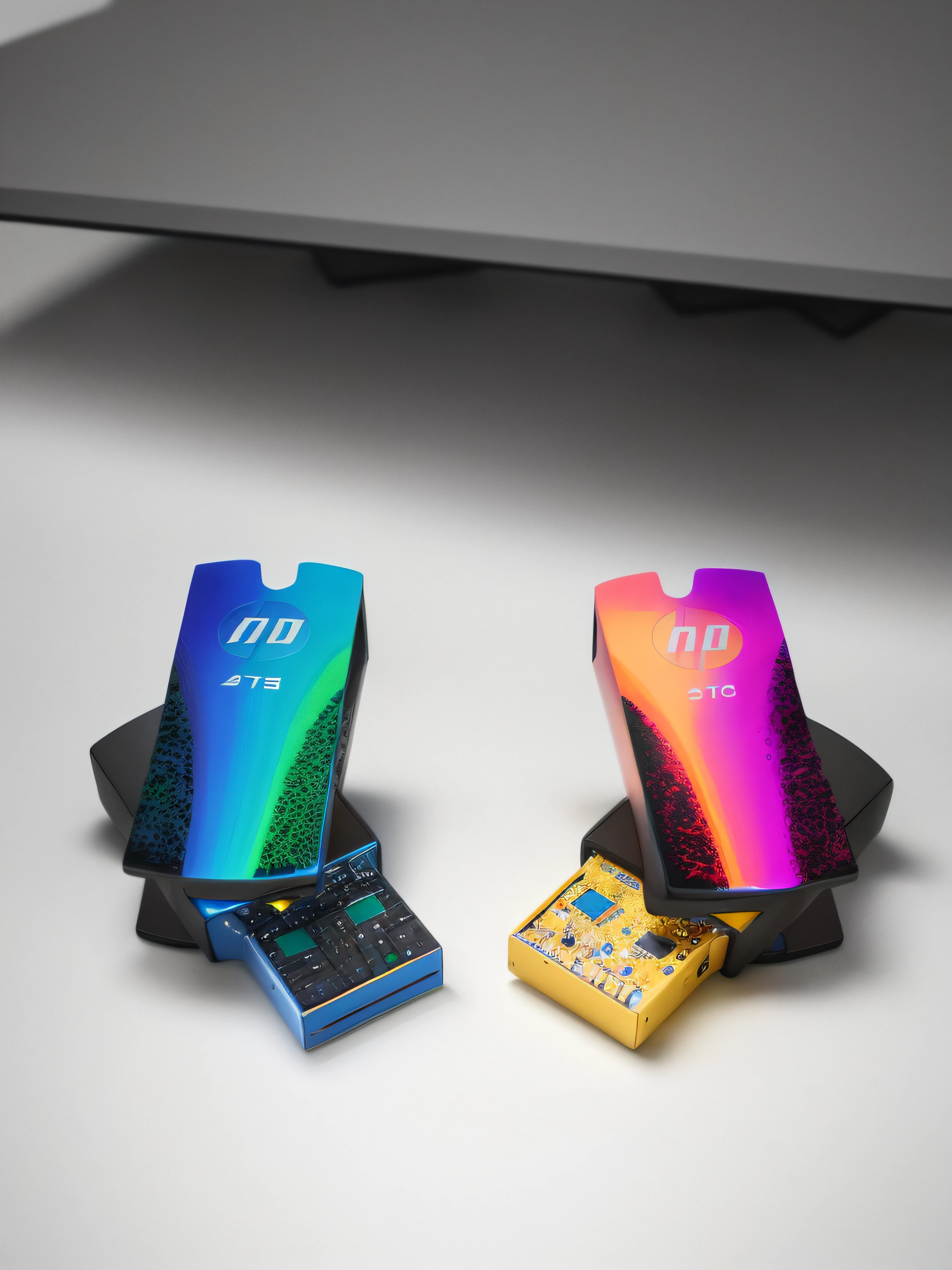 A flash drive rests on a white porcelain table in a computer room. The frame is clear (sharp: 0.7) and displays a colorful explosion of psychedelic paints (cores: 1.21), with incredible detail. on the table, Accessories include the Nikon D850 with Kodak Portra 400 photographic film and f1.6 lenses, ensuring rich colors and realistic texture. The lighting is dramatic, and all around you is your computer, keyboard, and USB cable.