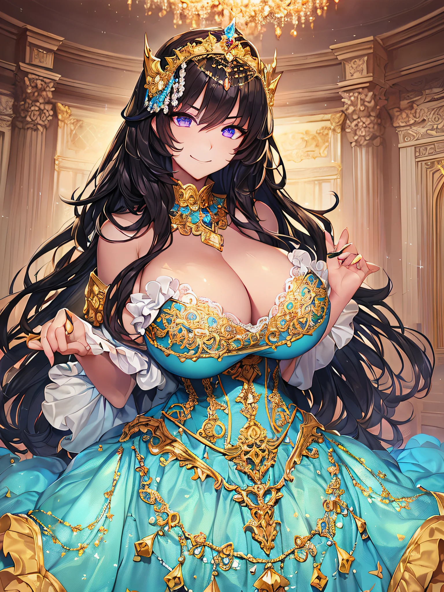 ((anime artstyle)),(Masterpiece),(Best Quality), (Super Detail),((Very Delicate and Beautiful)),((Solo)),((full body)),(((1 arrogant princess in gorgeous and brightly colored gorgeousfull rococo dress))),(Purple eyes),Sharp eyes,detailed face and eyes,jewel-like eyes,(arrogant),((smirk)),dominant pose,((voluminous Very Long Hair,Straight Hair)),black hair,((Bangs between eyes)),((gigantic tits,Long tits)),curvy,skindentation,(gorgeousfull embroidery and lace),gorgeous corsage,See-through,gorgeousfull hair ornament,gorgeousfull glitter jeweled tiara,ornate ruffles,((full body)),((hoop skirt,crinoline)),Dynamic Angle,Looking at viewer,(((gorgeous and brightly colored gorgeousfull rococo dress)),full body