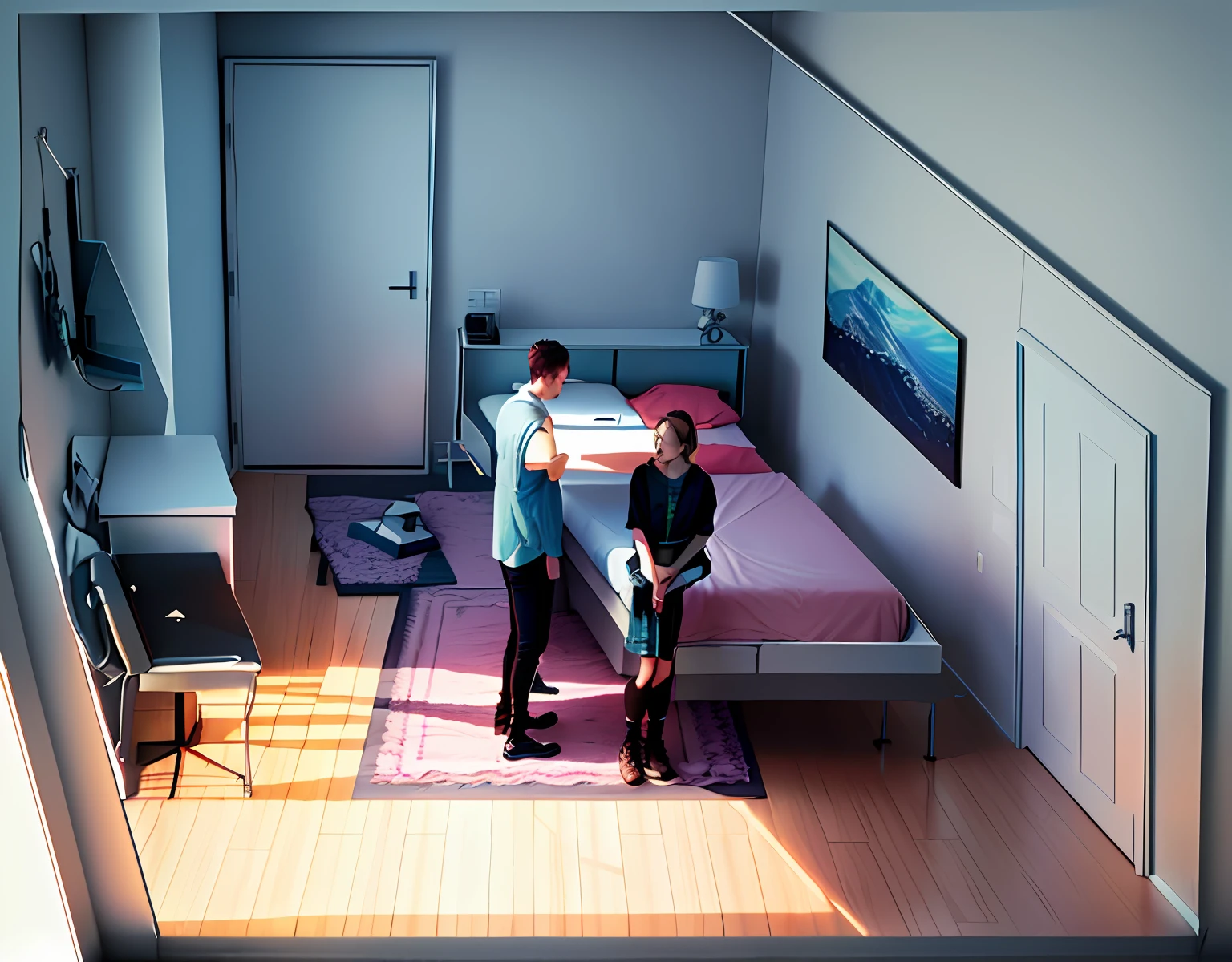 There were two people standing in one room，There was a bed and a table, location in a apartment, photograph of 3d ios room, puzzle-like room, apartment set in the near future, hyperreal rendering, true realistic image, furniture concept photo!!, Perfect design, A high resolution, full bodyesbian, A high resolution, Full-body, Low density