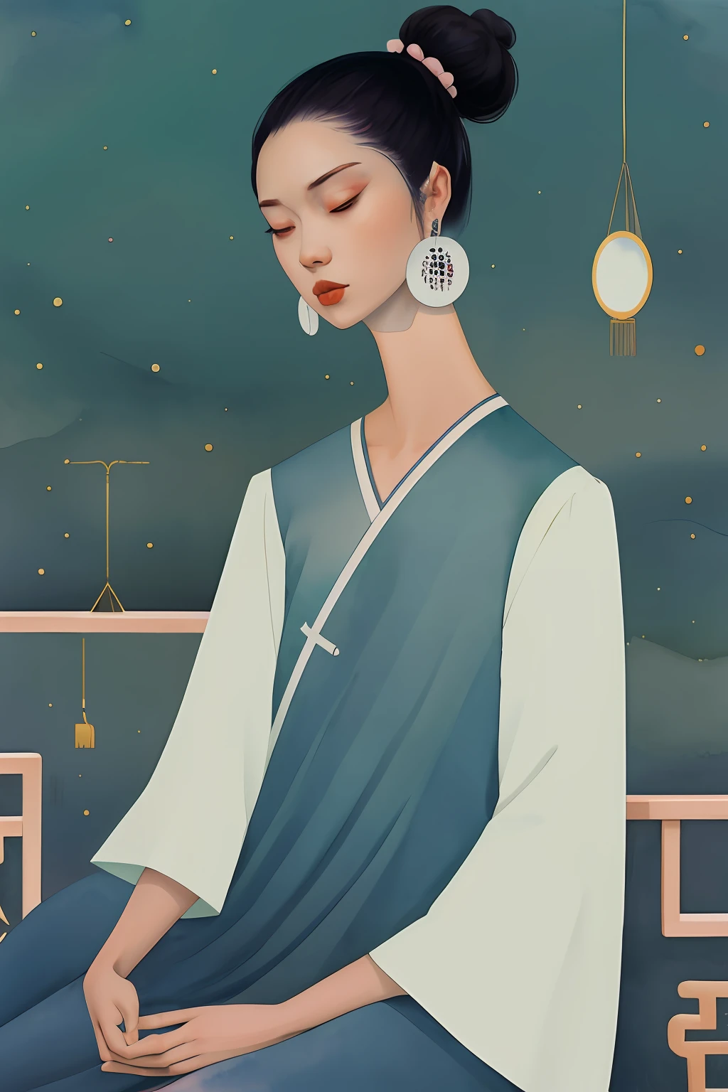2d, nsfw, pastel color, watercolor, low color saturation,
lineart,
ankymoore, 1boy, solo, long hair, looking at viewer, black hair, long sleeves, dress, jewelry, upper body, earrings, grey background, hair bun, white dress, expressionless, chinese clothes, own hands together,