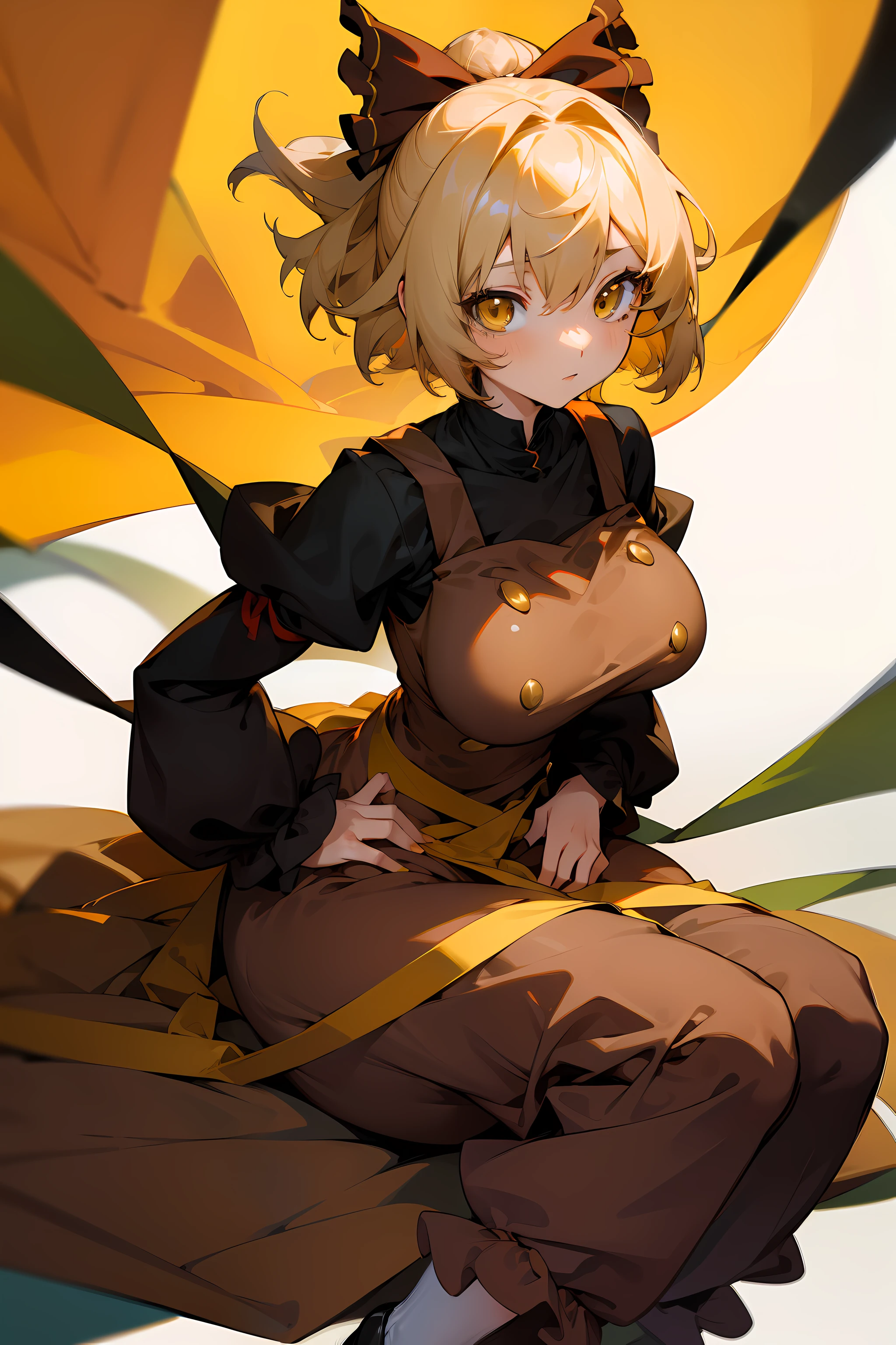 (masterpiece),best quality, expressive eyes, perfect face, 1girl,
big breast, H-cup, good breast, beautiful, gorgeous,anime,girl,lora, floating clothes,w sitting, w sitting on ground, legs on ground, short hair, yellow eyes, leaf hair ornament,red shirt,skirt,long sleeves,curtain chest ,hands on hips, hands on waist,kurodani yamame,
hair bow,
yellow eyes,
brown dress,
long sleeves,
silk,
spider web,