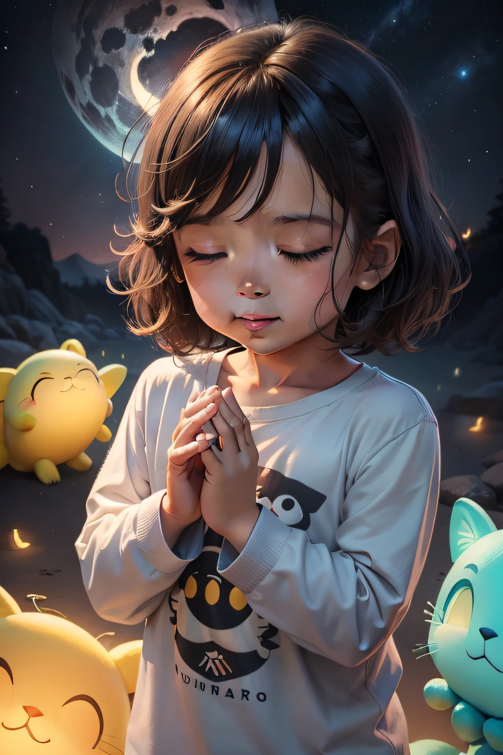 A square with bright fireflies, male child, 5 anos, sorrindo, com um pijama azul, brincando com os vagalumes, ao seu lado uma esfera de luz brilhante com halo de luz, Hands together glued to his chin praying with his eyes closed, night  sky, noite magica, illustration (8K illustration), (melhor qualidade) (vagalumes), sem brinquedos