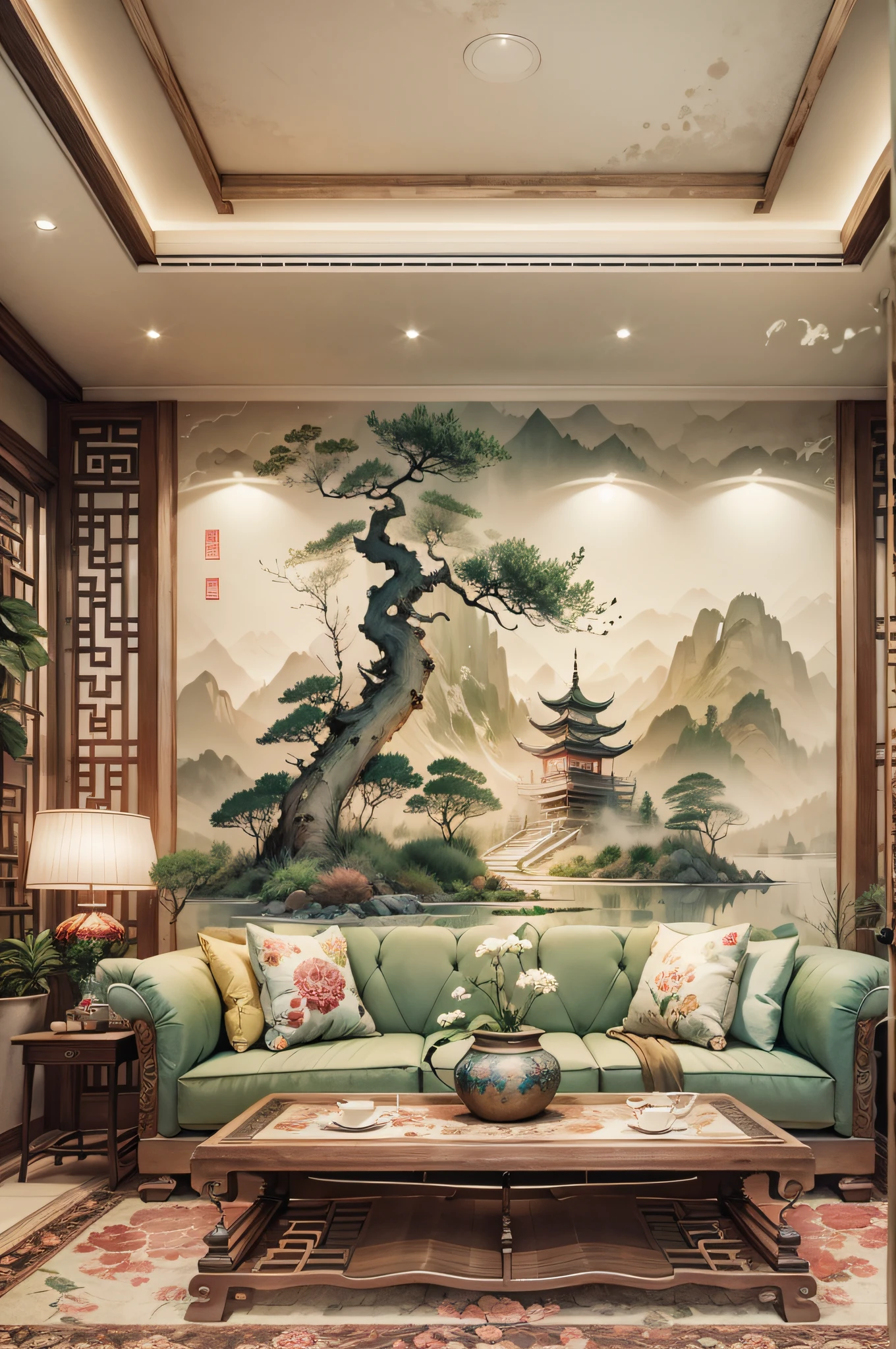 There is a mural behind the sofa in the Chinese living room，water ink，scenecy