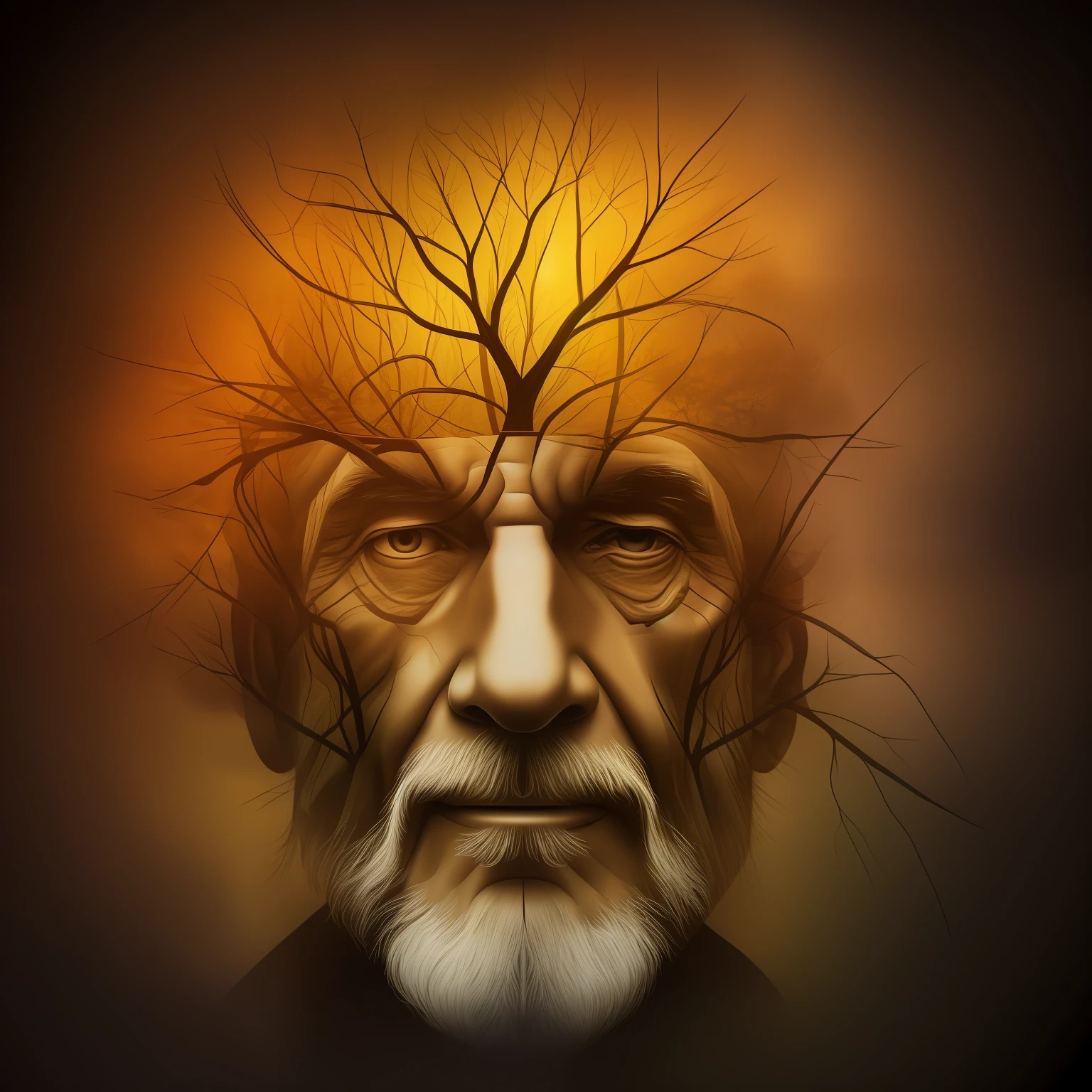 mental path, a digital drawing of a brain and a face in a forest,old man, arte abstrata, sinestesia