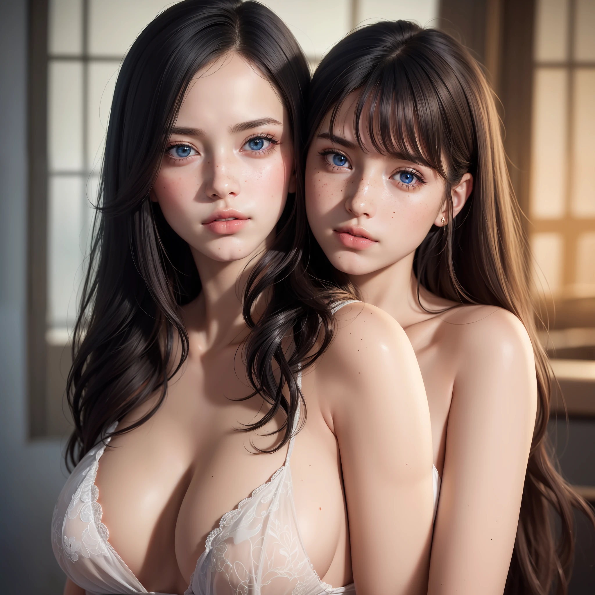 color photograph, close-up, ((a realistic photo of a beautiful girl)), (milalc), light, ((glowy skin)), looking_at_viewer, (fit body:1.0), ((large breasts)), long hair, detailed illustration, masterpiece, high quality, realistic, very detailed face, freckles, black hair, blue eyes, black shirt