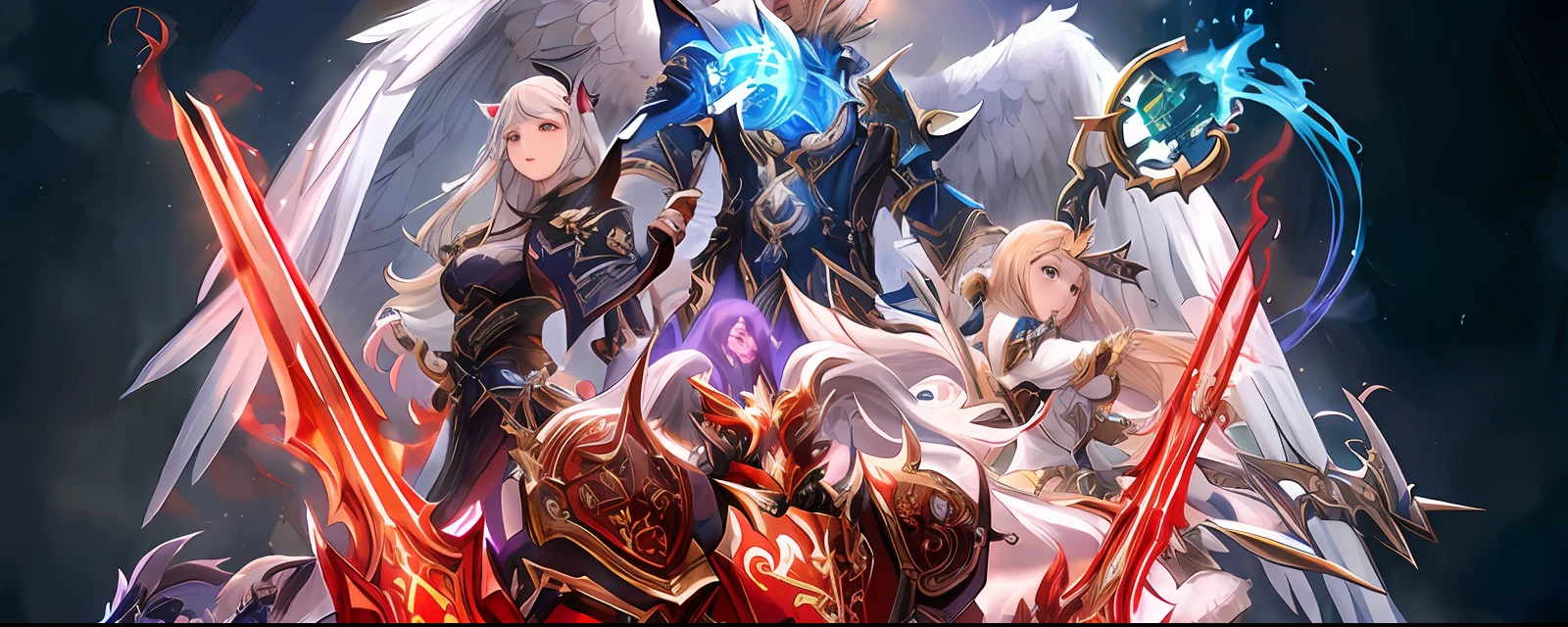 um close up de um grupo de pessoas com asas e espadas, Aion, MMORPG Fantasia, Estilo Lineage 2 Revolution, MMORPG, amazing mmorpg, legend of the cryptids, MMORPG coreano, angels and demons, por Yang J, <Cena MMORPGS, da linhagem 2, MMO coreano, MMO de fantasia, arcanjo, angels vs demons, Shadowverse