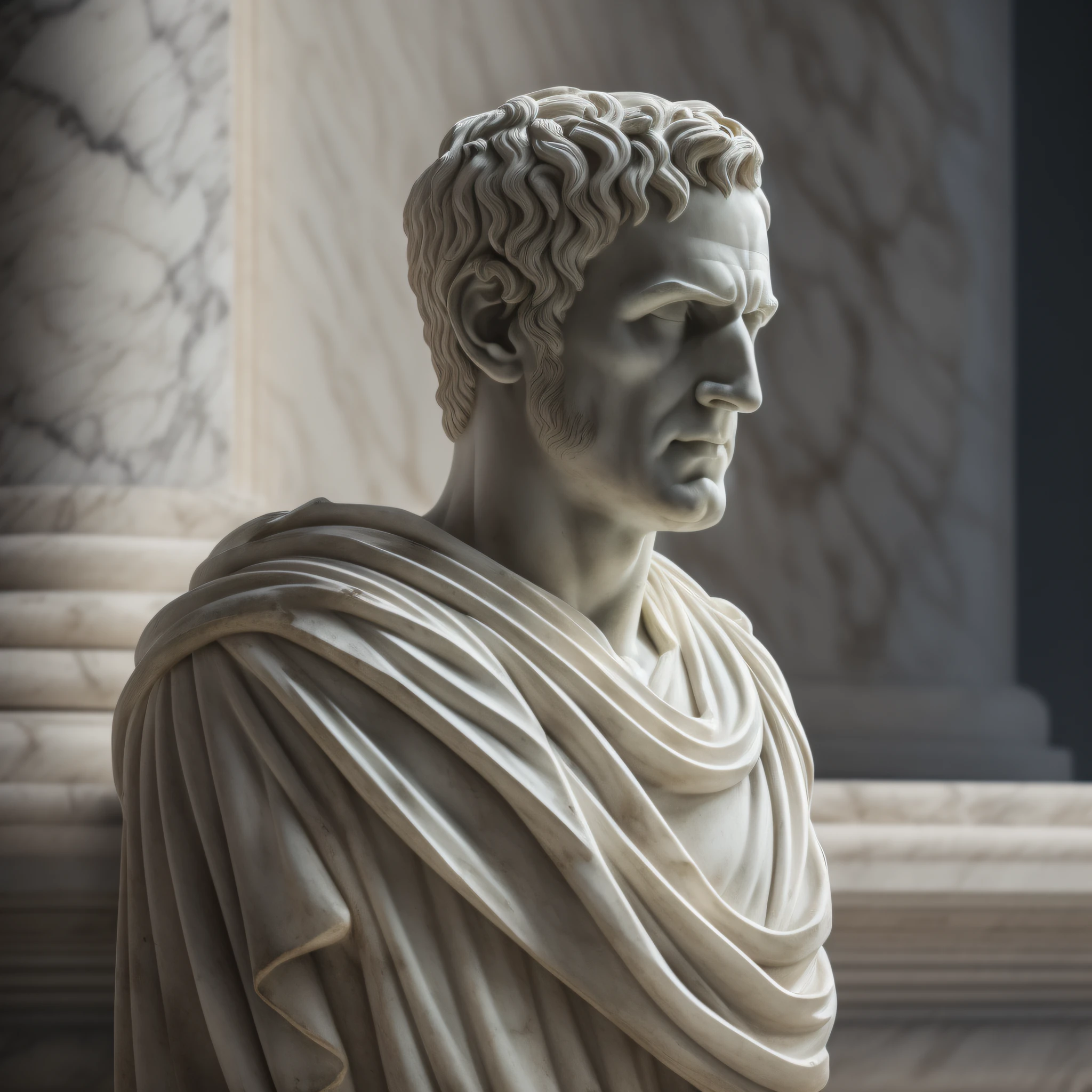 A realistic Greek white marble statue of Julius Caesar thoughtful thoughtful detailed, wearing a ghostly toga, fundo neutro, Moody, , fotorrealista, thoughtful movie dinner, super detalhada, hiper realista, luzes brilhantes, 8 K