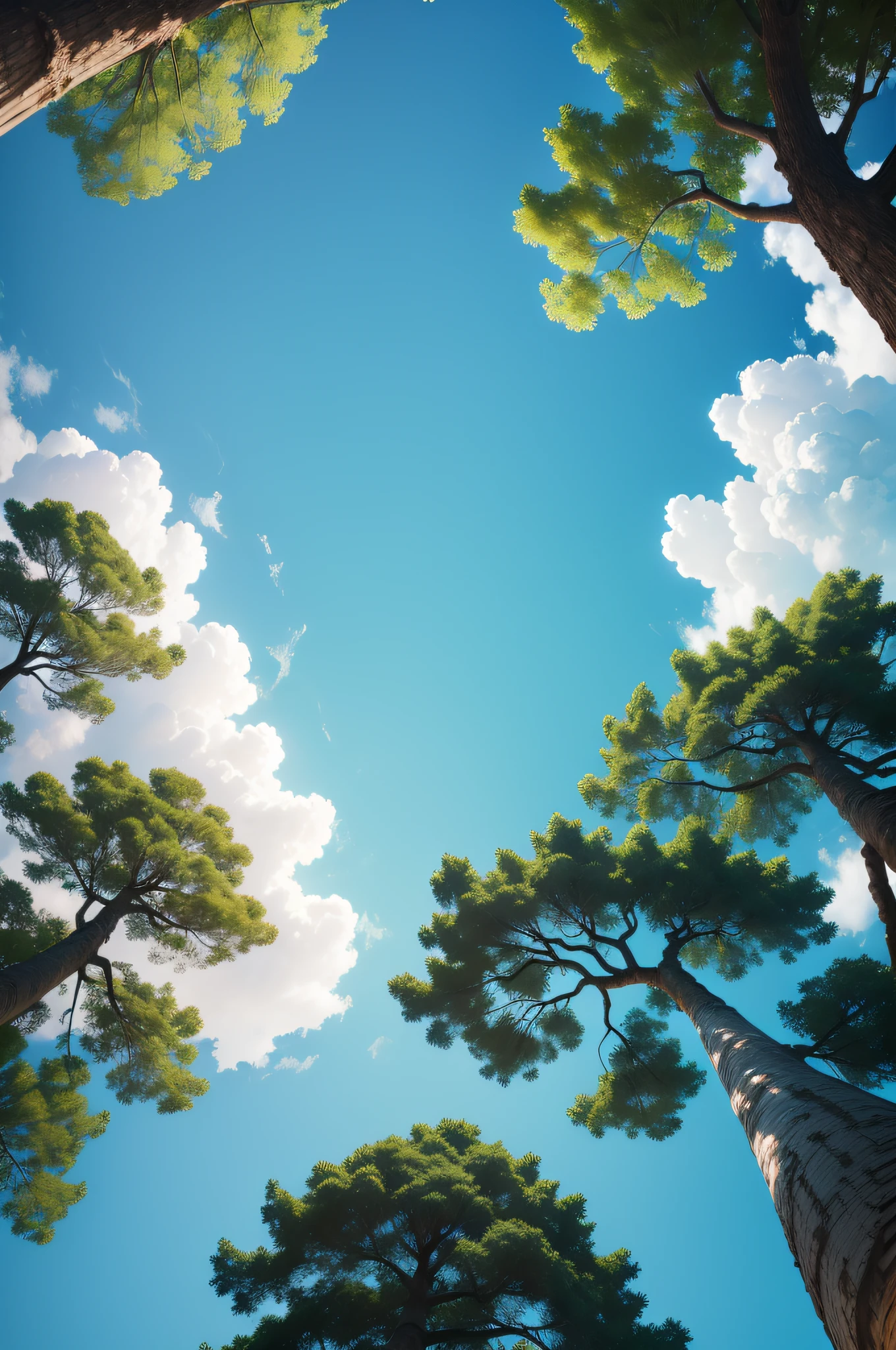 Sky view from the bottom of a tree, looking up towards a breathtaking blue sky with scattered clouds, lives and branches