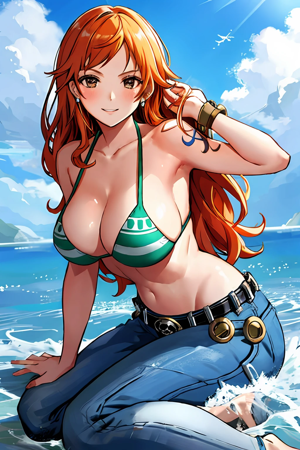 detailed background, masterpiece, 4k, epic, best quality, late youth, adult, milf, athlete body, 1girl, active, energic, ((wide open mouth, smile, lying on the ground, fully lying down, open eyes, hands spread sideway)) , solo, nami \(one piece\), 1girl, bangle, (very missy hair, tired, open mouth, feeling hot, tilting head, both hands spreadeagled, serious, hurt, glaring, open eyes, looking up, perfect detailed face, round face) bold drawing lines, muscular arms, detailed bold arm lines, flat jaw, adult woman, (wavy wide streaked bangs, floating bang, long left bangs ) (big cheeks), bare shoulders, off-shoulders, belt, bikini, bikini top only, blue sky, bracelet, springy breasts, breast lines, big round eyes, very big brown shiny eyes, bubbles, high eye position, cleavage, cloud, day, denim, earrings, floating hair, wavy hair, shiny hair, green belt, green bikini, bold groin lines, long jeans, jewelry, medium breasts, log pose, long hair, looking at viewer, long navel, wet hair, orange hair, pants, shoulder tattoo, sidelocks, sky, solo, stomach, swimsuit, tattoo, detailed left arm, big forehead, hourglass figure, small head, toned body, wide hair, wind effect, sun effect, under the sun, narrow small ears angle, older, straight shot,