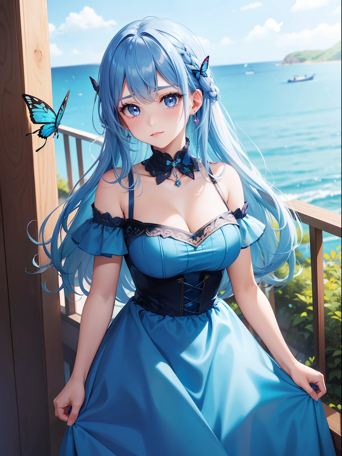 a women, blue butterfly, blue hair, pink eyes, blue dress
