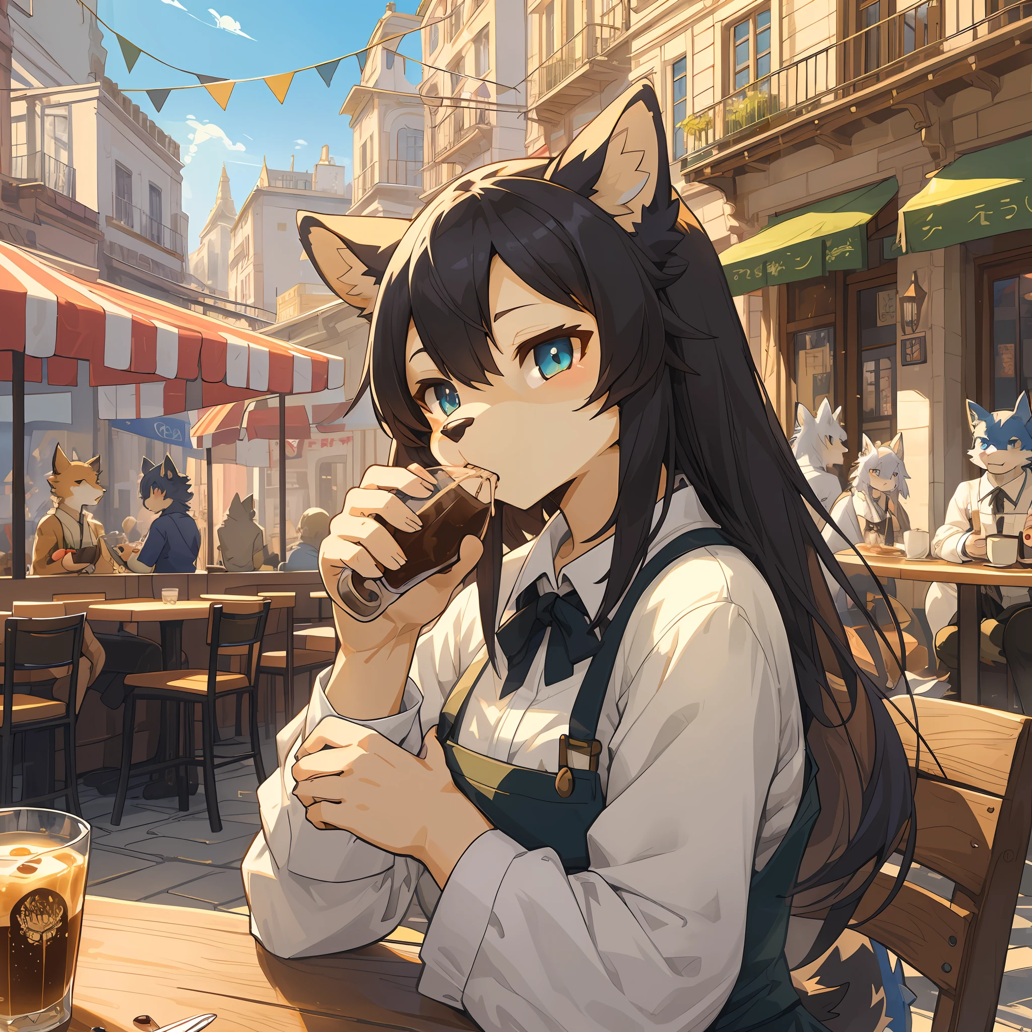 top quality, best quality, High-quality illustrations, masterpiece, super high resolution, detailed background, detailed background, cafe, Terrace, drink, eating, coffee, staff, 6+boys, 6+girls, absurdres(highly detailed beautiful face and eyes)perfect anatomy, expression, good lighting, cinematic shadow(kemono, furry anthro),
