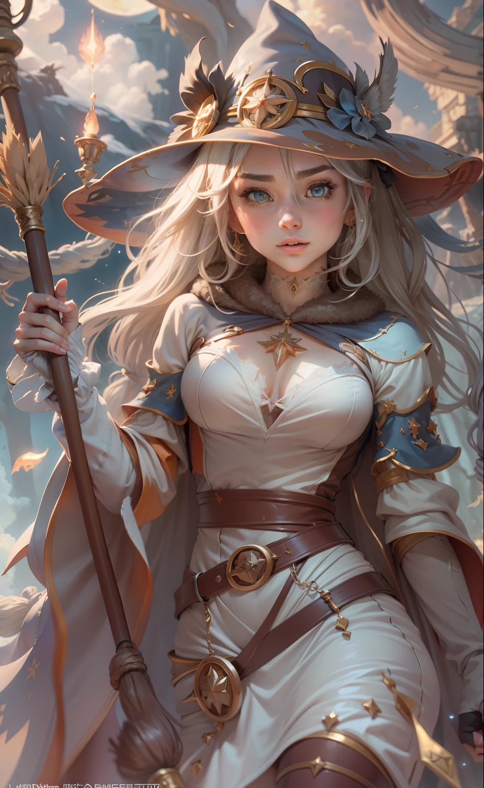 tmasterpiece,best qualtiy,ultra - detailed,illustratio,1girll,独奏,fanciful,flight,broom,nigh sky,exteriors,magia,incantation,themoon,As estrelas,clouds,ventania,the hair,cloaks,bucket-hat,Boots,broom,with light glowing,mistic,Attractive cleavage,Whimsical,fun,Adventurous,Free,Miraculous,Imaginative,Determined,Skillful,Speedy,kinetic,Energetic,Realist,Naturalistic,Figurative,Figurative,The beautiful,Fantasy culture,mito,fairytale-like,Middle Ages,legends,sorceress woman,the witcher、Magical creatures、Fantasy world、proportionate、foreground、中景 the scene is、Background with、ssee-through、llight rays、colours、Textured、the detail、Beauty Feeling、miracle,beautiful boobs,Magic surrounds,Magic unleashed,Ray traching,Large breast size,
