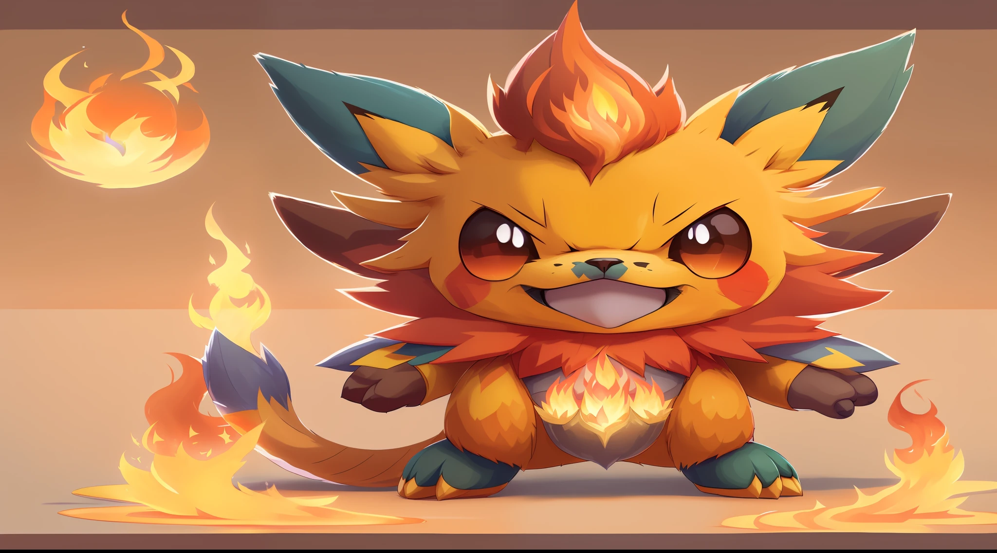 pokemon character with fire and flames around him, fire type, illustration pokemon, pokemon art style, portrait of zeraora, style of cute pokemon, fox from league of legends chibi, blazing infero, official splash art, melting into jolteon, fierce expression 4k, new pokemon, cute detailed digital art, full art, style of pokemon, pokemon anime style