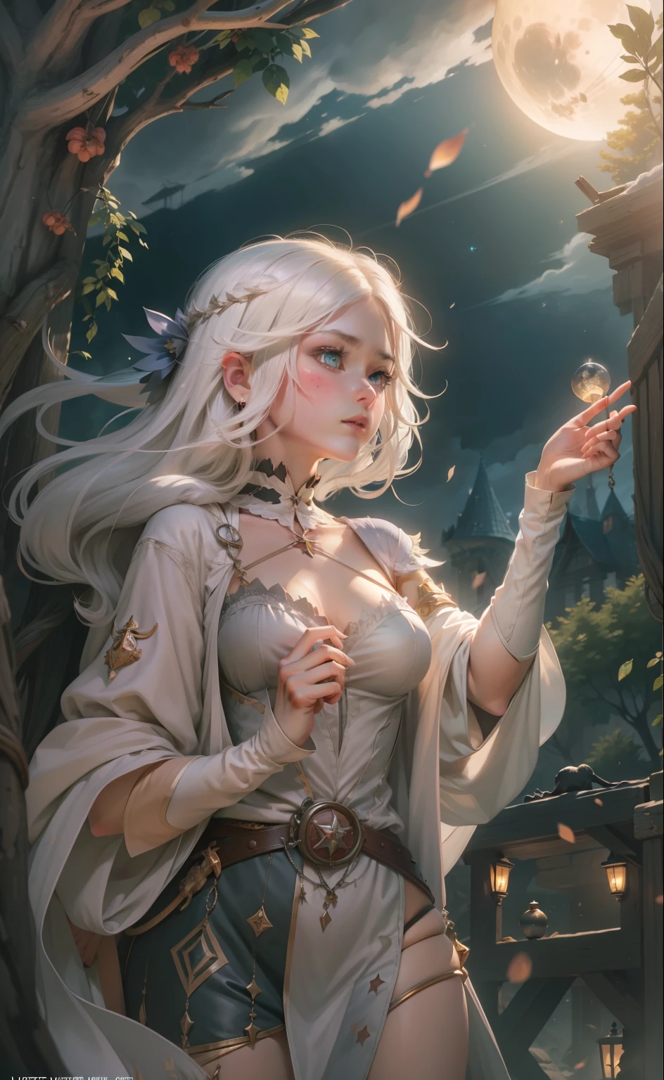 tmasterpiece,best qualtiy,ultra - detailed,illustratio,1girll,独奏,fanciful,flight,broom,nigh sky,exteriors,magia,incantation,themoon,As estrelas,clouds,ventania,the hair,cloaks,bucket-hat,Boots,broom,with light glowing,mistic,Attractive cleavage,Whimsical,fun,Adventurous,Free,Miraculous,Imaginative,Determined,Skillful,Speedy,kinetic,Energetic,Realist,Naturalistic,Figurative,Figurative,The beautiful,Fantasy culture,mito,fairytale-like,Middle Ages,legends,sorceress woman,the witcher、Magical creatures、Fantasy world、proportionate、foreground、中景 the scene is、Background with、ssee-through、llight rays、colours、Textured、the detail、Beauty Feeling、miracle,beautiful boobs,Magic surrounds,Magic unleashed,Ray traching,Large breast size,